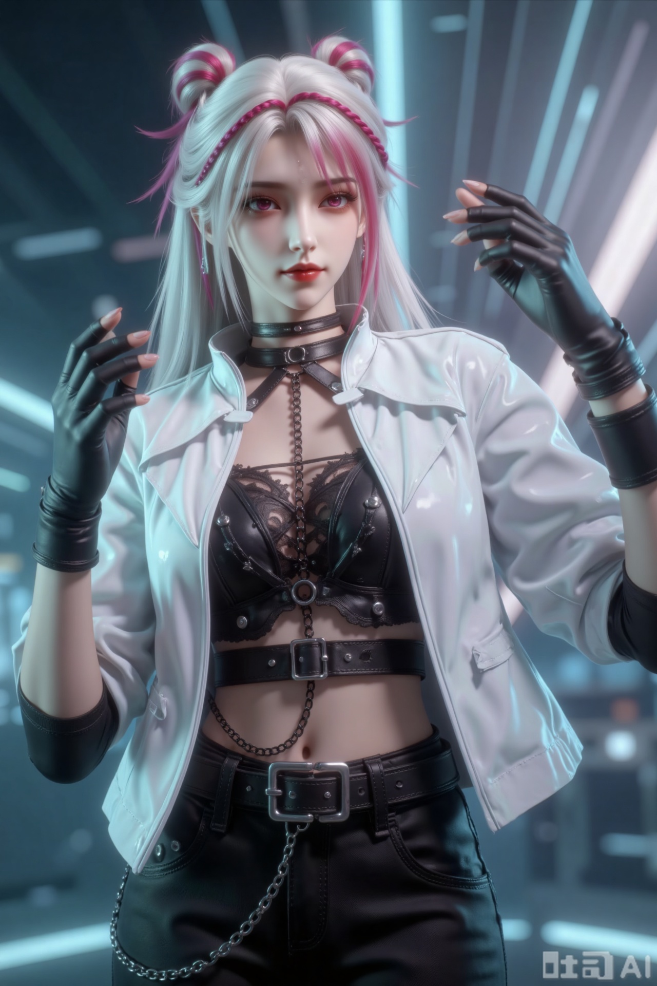 The image depicts a stylized, futuristic character with long, flowing hair that is pink and white. The character is wearing a white jacket over a black crop top with lace details and a chain necklace. They have black gloves and a black belt with a large buckle. The background appears to be a sleek, modern interior with soft blue lighting, giving a high-tech and cyberpunk feel. The character is striking a confident pose, with one hand raised and fingers spread, and the other hand resting near the chest.