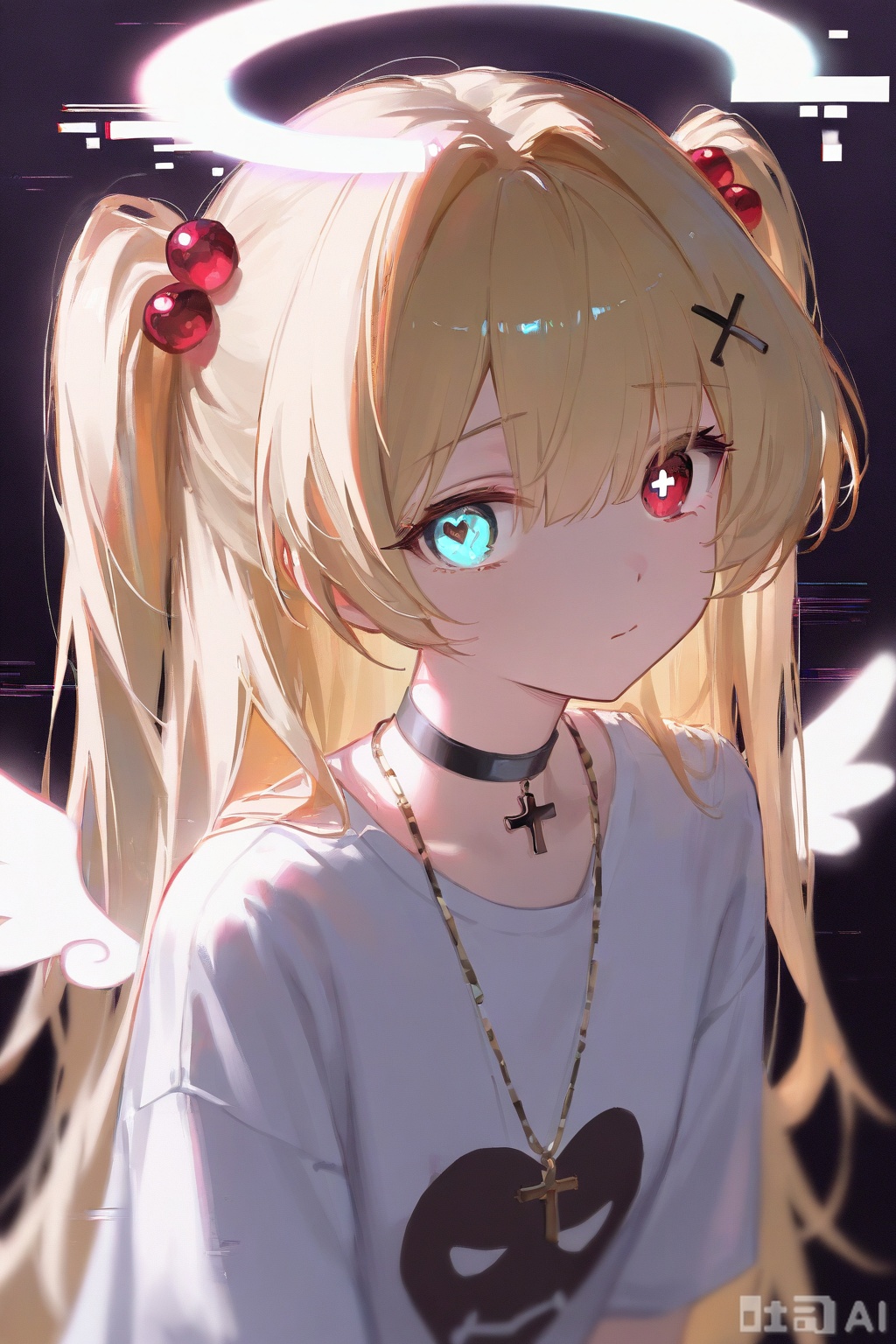 1girl, solo, long hair, looking at viewer, bangs, blue eyes, blonde hair, shirt, hair ornament, red eyes, hair between eyes, closed mouth, white shirt, upper body, heart, wings, choker, necklace, blurry, two side up, symbol-shaped pupils, heterochromia, halo, cross, bandaid, glitch