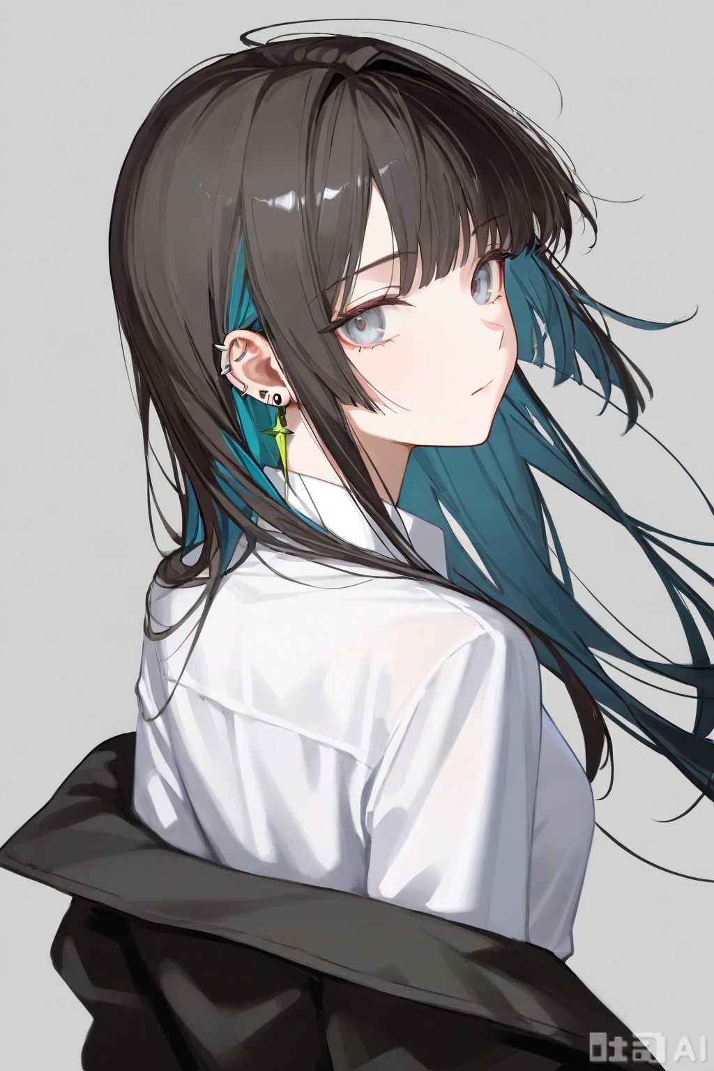 1girl, solo, long hair, looking at viewer, bangs, simple background, shirt, black hair, jewelry, closed mouth, jacket, white shirt, upper body, multicolored hair, earrings, collared shirt, looking back, grey background, off shoulder, grey eyes, floating hair, piercing, ear piercing, colored inner hair