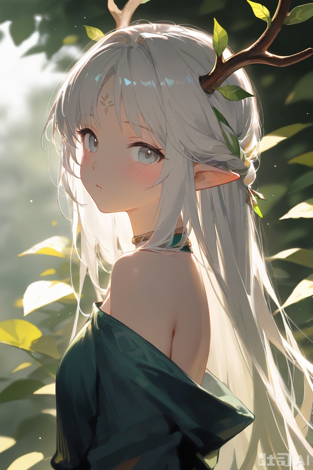 1girl,solo,long hair,looking at viewer,blush,bangs,bare shoulders,upper body,braid,white hair,pointy ears,off shoulder,from side,looking to the side,grey eyes,leaf,facial mark,elf,forehead mark,antlers,
