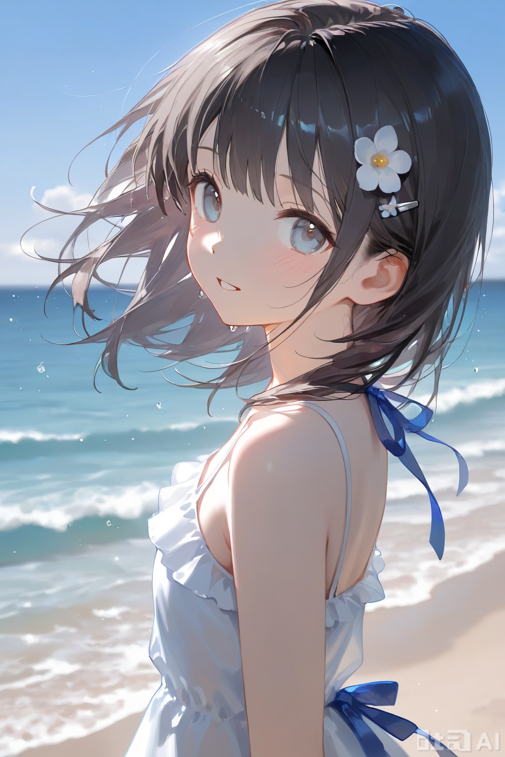1girl, solo, dress, outdoors, black hair, looking at viewer, hair ornament, white dress, ocean, sky, flower, blush, blue sky, day, hair flower, water, waves, parted lips, water drop, bare shoulders, upper body, floating hair, smile, beach, ribbon, from side, medium hair, blue eyes, frilled dress, wind, white flower, hairclip, sundress, grey eyes, looking back, frills, blue ribbon, looking to the side, sleeveless dress, long hair, horizon, cloud
