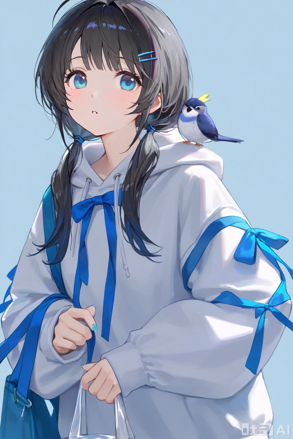 1girl,solo,long hair,looking at viewer,blush,bangs,blue eyes,black hair,hair ornament,long sleeves,bow,ribbon,holding,twintails,upper body,ahoge,parted lips,hairclip,puffy sleeves,hood,nail polish,sleeves past wrists,hoodie,bird,low twintails,blue background,blue bow,hood down,blue ribbon,puffy long sleeves,blue nails,holding bag,white hoodie,animal on shoulder,