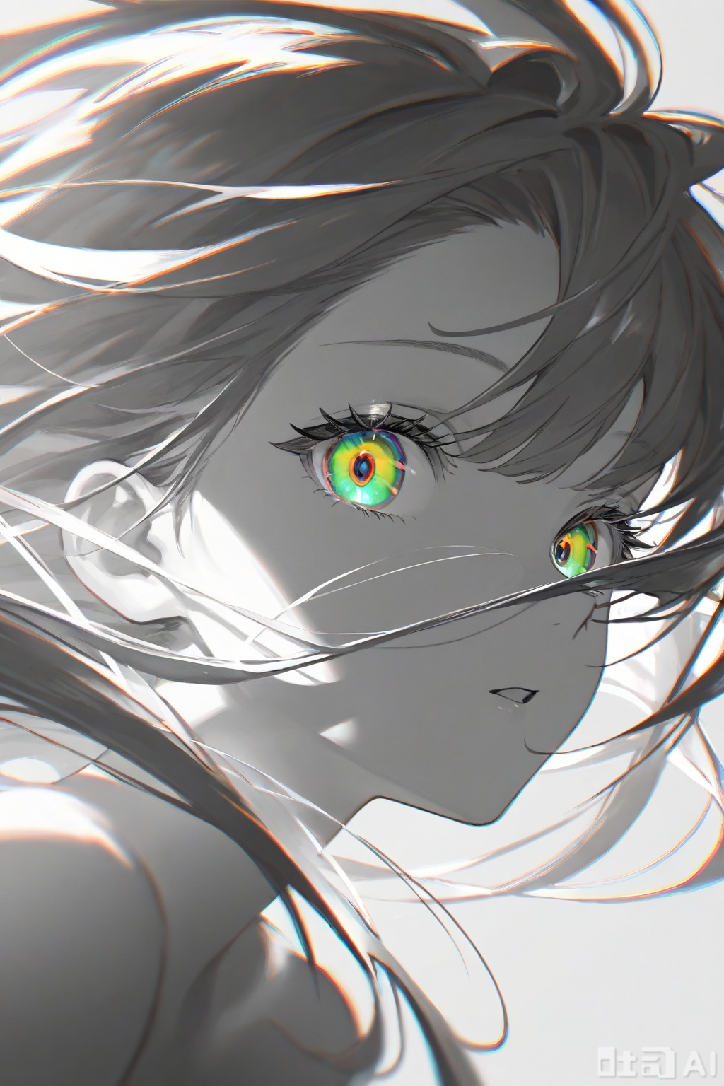 1girl,monochrome,long hair,spot color,multicolored eyes,greyscale,portrait,floating hair,parted lips,grey background,looking at viewer,shadow,open mouth,chromatic aberration,eyelashes,simple background,green eyes,
