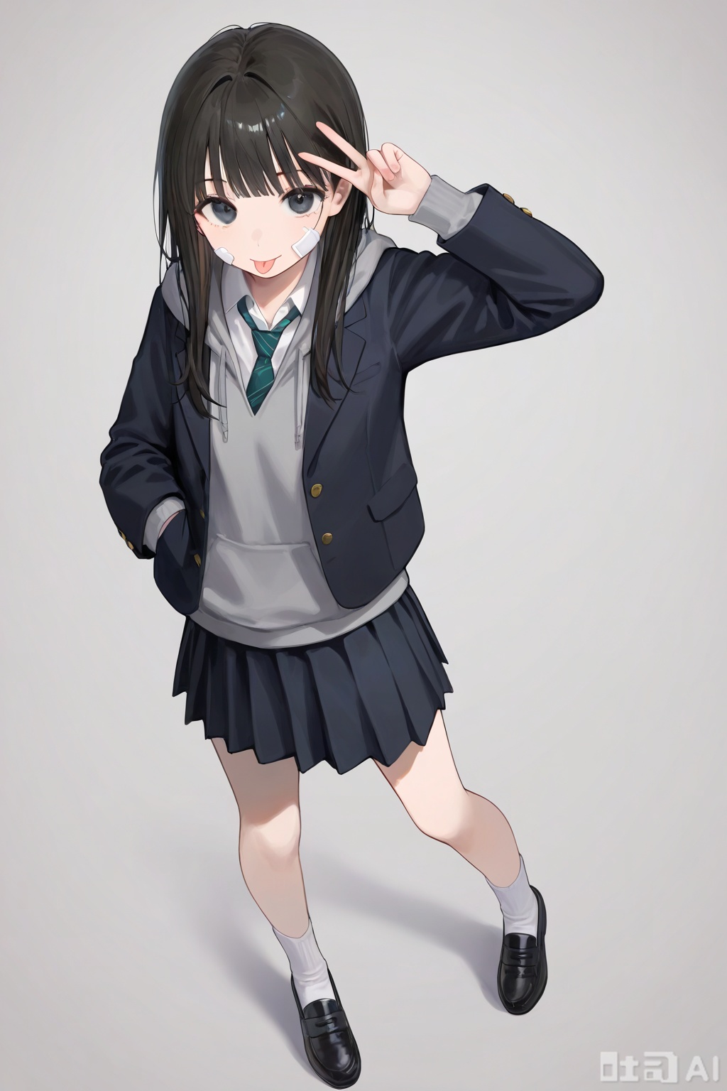 1girl,solo,long hair,looking at viewer,bangs,skirt,simple background,shirt,black hair,long sleeves,white background,school uniform,standing,jacket,full body,pleated skirt,necktie,shoes,tongue,socks,collared shirt,hood,tongue out,black skirt,black footwear,black eyes,v,hoodie,from above,white socks,bandaid,:p,hand in pocket,bandaid on face,bandage on face,akanbe,