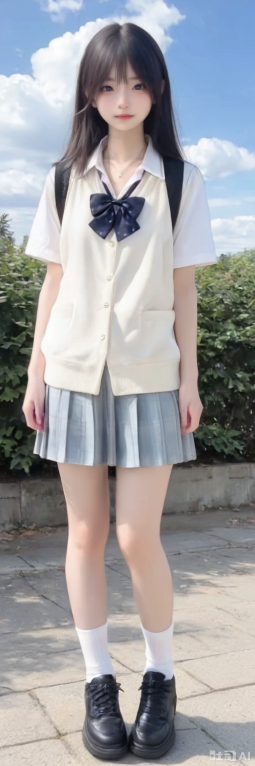 1girl, solo, long hair, looking at viewer, black hair, jewelry, jacket, outdoors, sky, day, cloud, necklace, black eyes, blue sky,full body,short sleeves, pleated skirt, shoes, day, socks, bowtie, black footwear, 
realistic, (masterpiece, best quality, ultra high res, 8k, uhd, absurdres),photorealistic (realistic skin texture, subtle skin details, natural skin reflection, healthy skin tone, unretouched look, matte skin),DSLR style,aesthetic,highly detailed (detailed anatomy),
