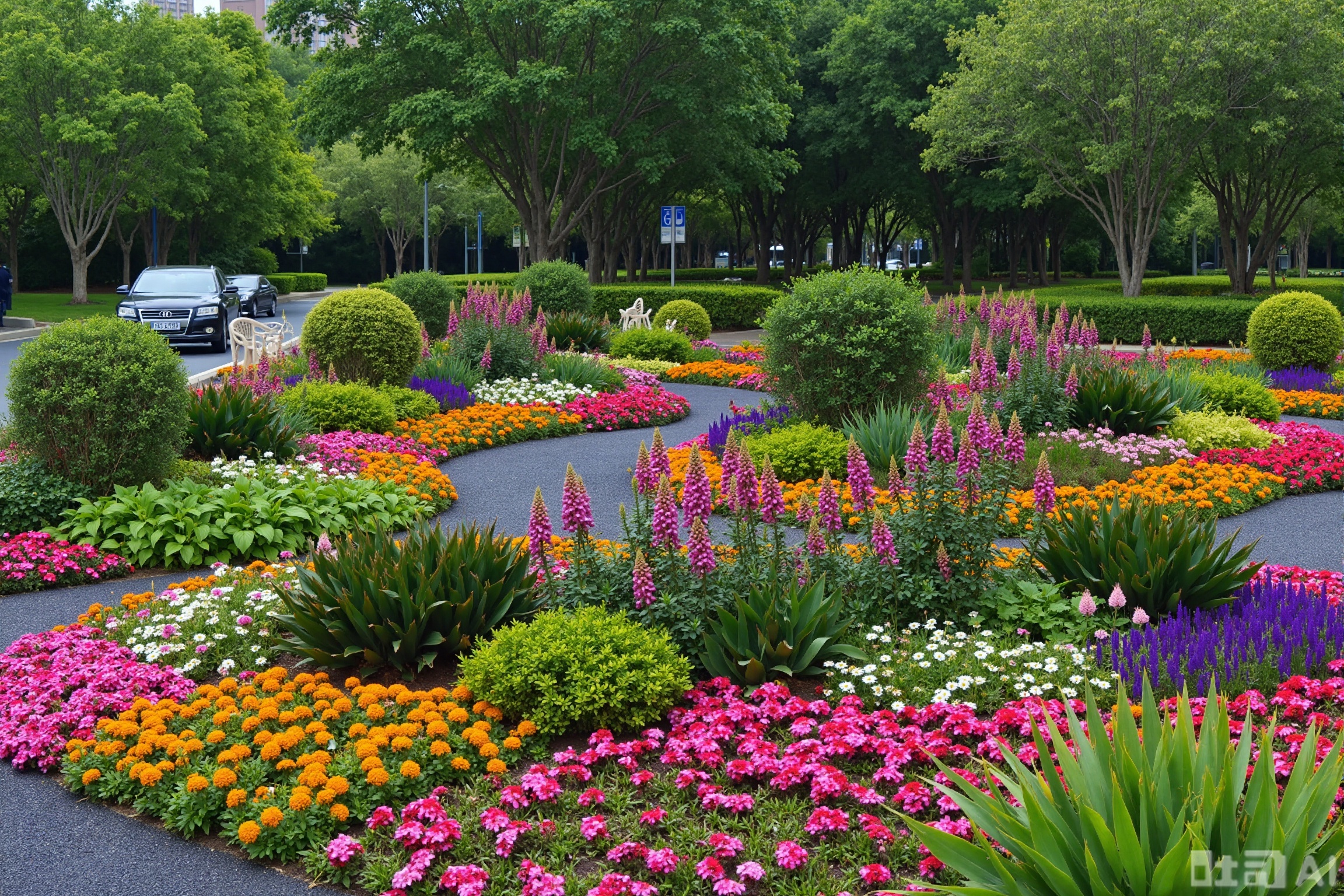 landscapejam,Photograph of a vibrant, The garden is filled with various colorful flowers, including pink, orange, and purple blooms.  bordered by lush green shrubs and trees. 