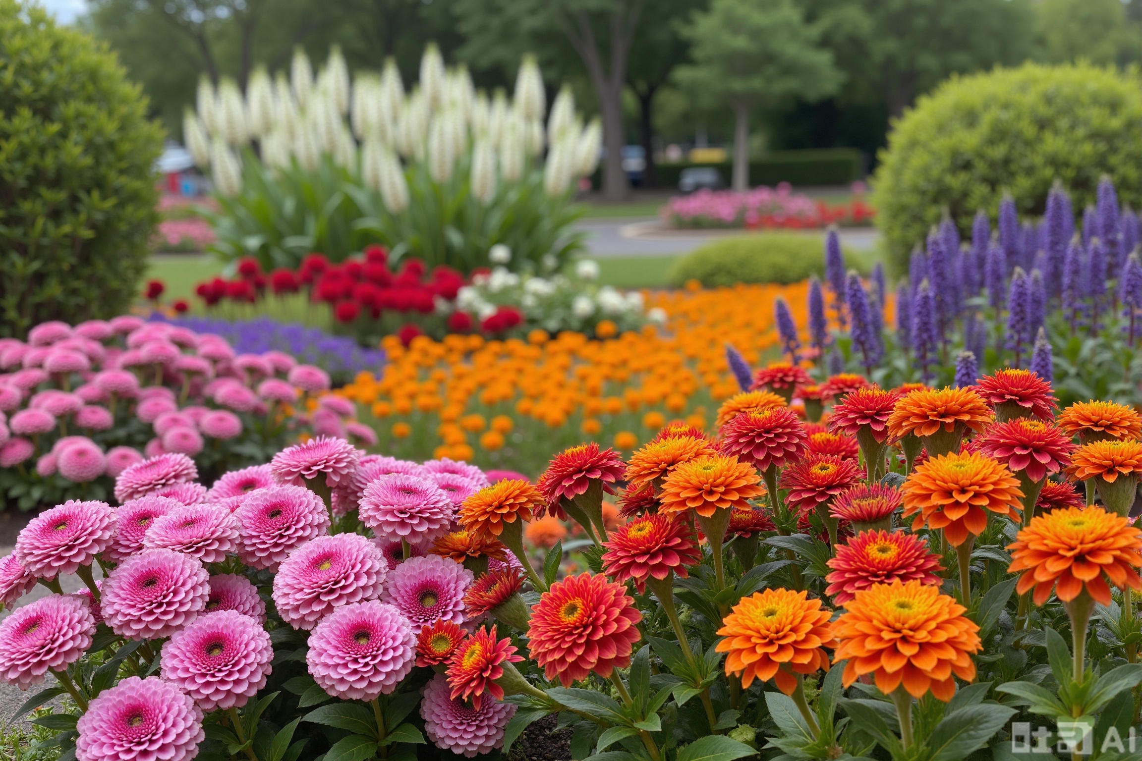 landscapejam,Photograph of a vibrant, The garden is filled with various colorful flowers, including pink, orange, and purple blooms.  