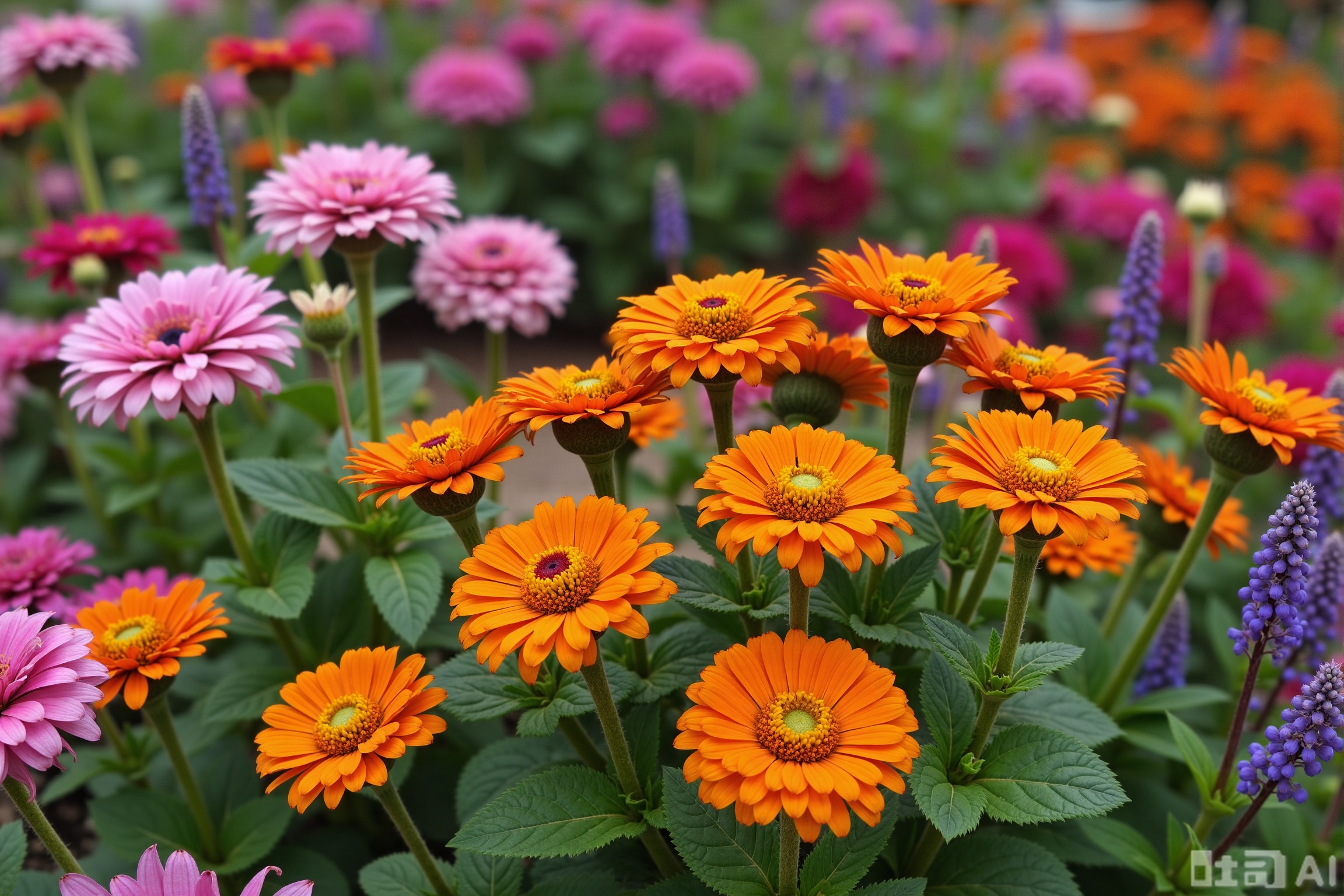 landscapejam,Photograph of a vibrant, The garden is filled with various colorful flowers, including pink, orange, and purple blooms.  