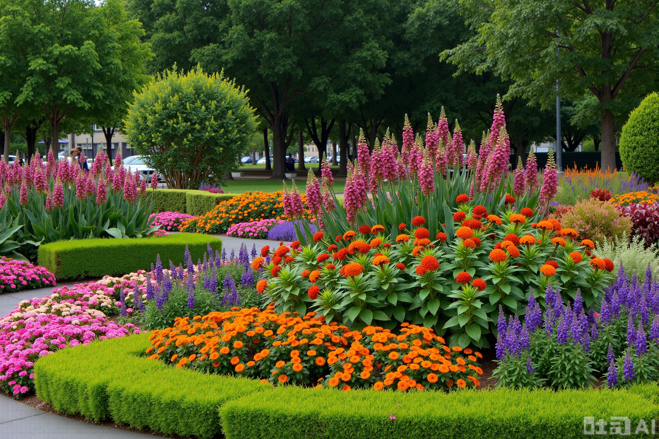landscapejam,Photograph of a vibrant, The garden is filled with various colorful flowers, including pink, orange, and purple blooms.  bordered by lush green shrubs and trees.