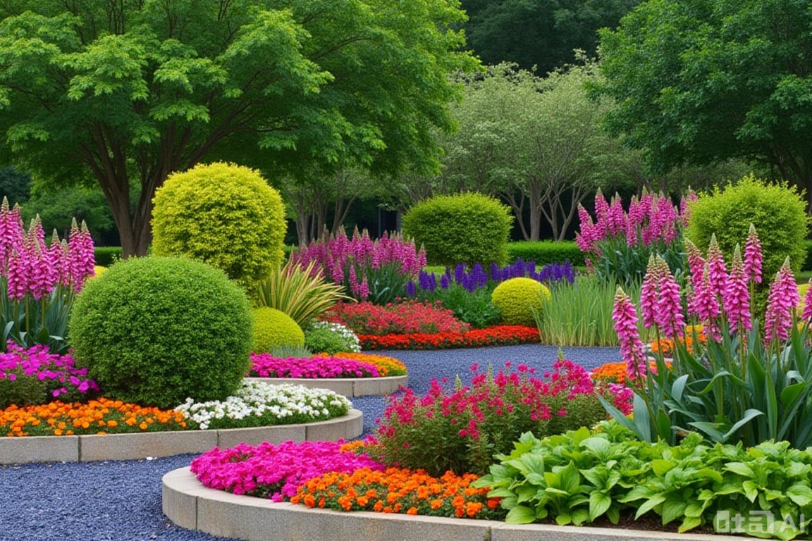 landscapejam,Photograph of a vibrant, The garden is filled with various colorful flowers, including pink, orange, and purple blooms.  bordered by lush green shrubs and trees. 