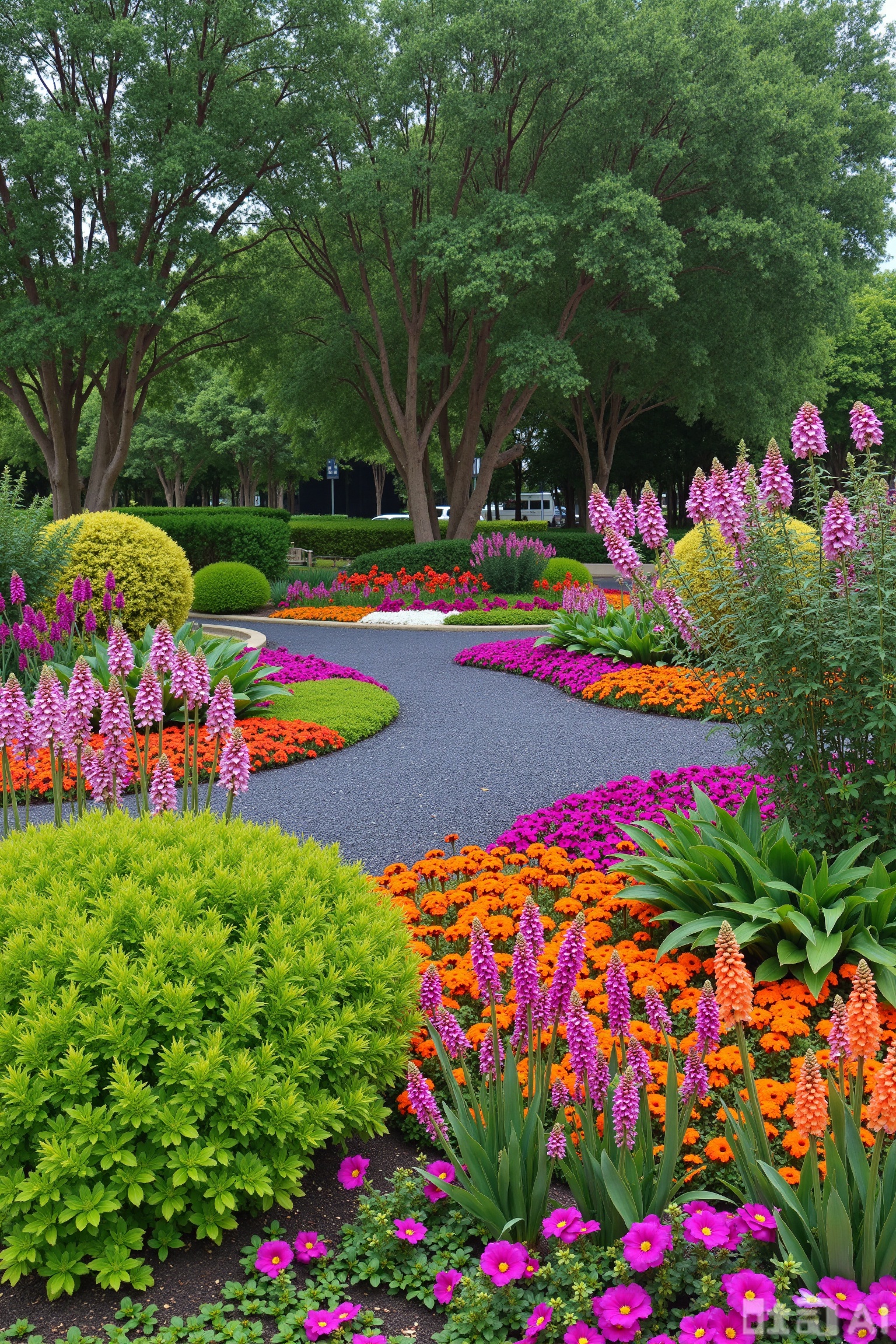  landscapejam,Photograph of a vibrant, The garden is filled with various colorful flowers, including pink, orange, and purple blooms. bordered by lush green shrubs and trees.
