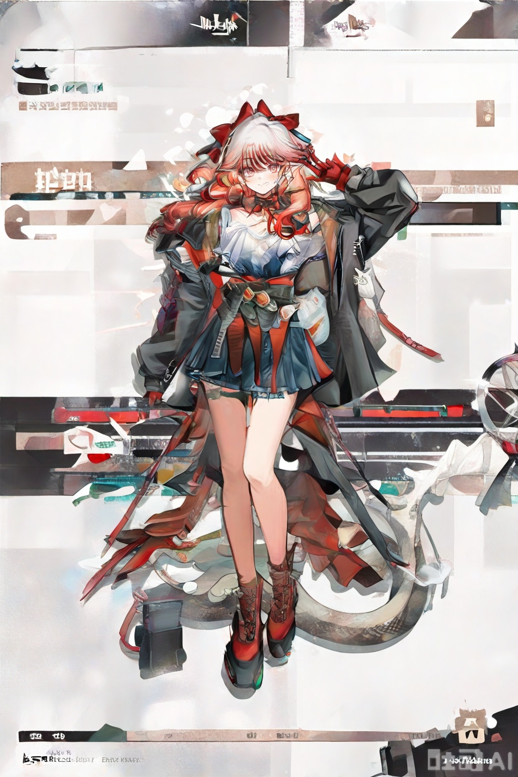 masterpiece, best quality,solo,((white background:1.2)),simple background,
looking at viewer,Haruka(arknights),long hair,bangs,red eyes,pink eyes,hair between eyes,white hair,multicolored hair,gradient hair,red hair,pink hair,gradient hair,orange hair,game_cg_style,arknights_style,logo,pose,official alternate costume,character name,chinese text,copyright name,full body