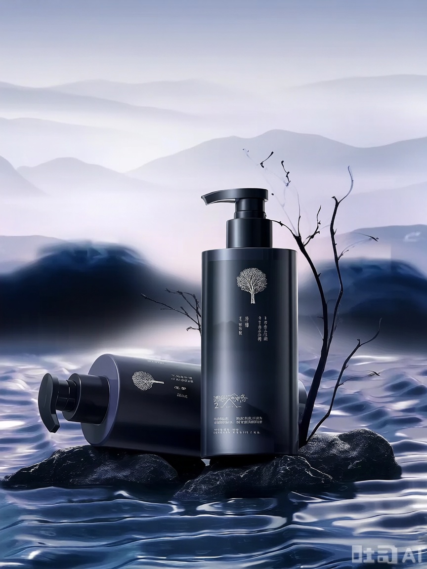 这是一张JBOAN品牌的身体乳产品广告图,采用新中式山水美学风格。画面主体是2瓶身体乳放在波澜的水面上,搭配黑色按压泵头与树纹图标。旁边点缀一些黑色的干树枝,背景是淡紫色层叠的远山与深蓝云雾缭绕的湖面,天空呈现淡紫色渐变,整体营造出东方意境。光线从云层间柔和透出,水面泛着粼粼波光,凸显产品的自然植萃属性与高端定位,传递出兼具传统文化底蕴与现代审美情趣的护肤理念。