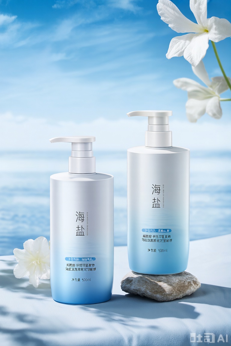 这是一张清新、明亮的广告图片,主要展示了一对以海盐为主题的清洁产品。以下是画面的具体描述：

### **主体：清洁产品**
- **产品外观**：  
  两瓶设计简洁的产品,瓶身呈白色和淡蓝色渐变色,带有白色的泵头。  
  - 左侧瓶子上印有“海盐”字样,下方标注了“净透亮肤·细致毛孔”,并写有“烟酰胺积雪草提取物海盐氨基酸搓泥宝啫喱”,净含量为500ml。
  - 右侧瓶子同样印有“海盐”字样,下方标注了“净透亮肤·柔嫩丝滑”,并写有“烟酰胺积雪草提取物海盐氨基酸搓泥宝啫喱”,净含量为500ml。

### **背景与环境**
- **色彩主题**：整体色调以蓝色和白色为主,营造出一种清新、自然和宁静的氛围。
- **背景**：背景是一片蓝天白云,远处可以看到海洋的轮廓,给人一种海边度假的感觉。
- **前景**：前景是一个浅蓝色的布料表面,质感细腻,上面放置着两瓶产品,显得非常干净整洁。

### **装饰元素**
- **花朵**：  
  在画面右侧和左下角分别点缀了几朵白色的花朵（可能是百合花）,花瓣洁白无瑕,细节丰富,增加了画面的清新感和自然气息。
- **光影效果**：  
  光线柔和,从上方照射下来,使得产品和花朵都呈现出明亮而自然的光泽,增强了画面的立体感和层次感。

### **其他细节**
- **岩石**：在右侧产品的下方有一块小石头,增加了画面的自然感和层次感。
- **文字信息**：产品标签上的文字清晰可见,提供了产品的名称、成分和容量等详细信息。

### **整体构图**
- **产品位置**：两瓶产品并排摆放,左侧瓶子稍微靠前,形成错落有致的布局,避免了单调感。
- **细节处理**：画面中每一个细节都处理得非常精致,无论是产品的标签文字,还是花朵的纹理,都清晰可见,体现了高品质的摄影技术。

---

### **整体感受**
这张图片通过蓝色和白色的色调、自然背景和清新的装饰元素,成功地传达出一种纯净、自然和舒适的感觉,非常适合用于宣传以海盐为主题的清洁产品。画面给人以放松和愉悦的视觉体验,仿佛置身于海边,享受大自然的清新与宁静。