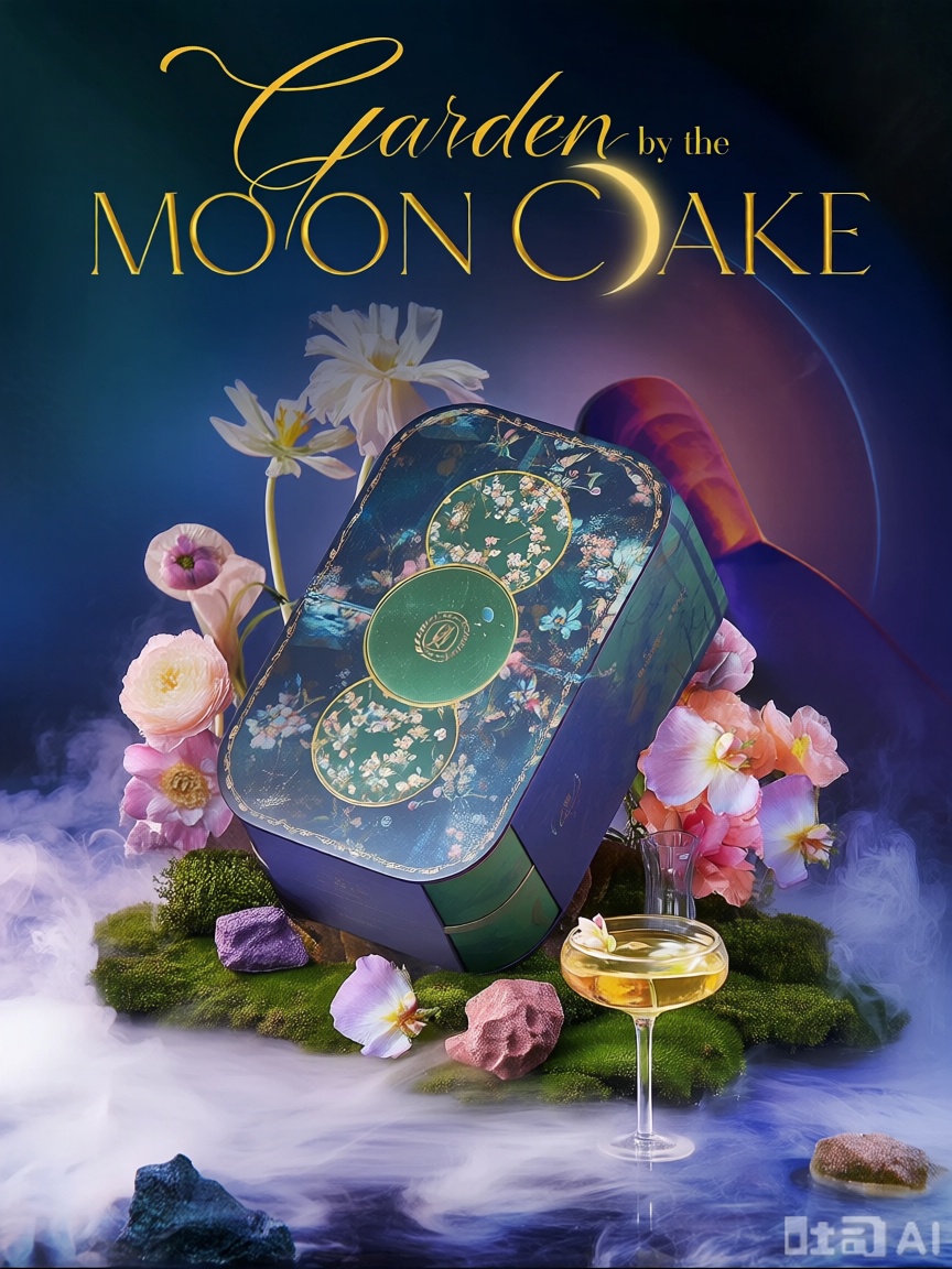 这是一张充满梦幻与艺术气息的广告图片,主要展示了一款名为“Garden by the Moon Cake”的月饼礼盒。以下是画面的具体描述：

### **主体：月饼礼盒**
- **礼盒外观**：  
  礼盒设计精美,主色调为深蓝色和绿色,带有复杂的花卉图案和金色装饰,显得非常高贵典雅。  
  - 礼盒正面有一个圆形标志,上面印有品牌标识。
  - 礼盒上方还有一个打开的盖子,露出内部的月饼和装饰物。

### **背景与色彩**
- **色彩主题**：整体色调以深蓝和紫色为主,营造出一种神秘、浪漫和梦幻的氛围。
- **背景效果**：背景中有一些柔和的光晕和渐变效果,增加了画面的层次感和空间感。
- **烟雾效果**：底部有一些白色的烟雾,仿佛置身于仙境之中,增强了画面的梦幻感。

### **装饰元素**
- **花朵**：  
  礼盒周围点缀着各种颜色鲜艳的花朵,包括粉色、白色、黄色等,花朵种类丰富,细节精致,增添了画面的生机和美感。
  - 花朵分布在礼盒的四周,形成一个花环的效果,使礼盒成为视觉焦点。
- **岩石与苔藓**：  
  礼盒下方有一块绿色的苔藓地,上面放置了几块紫色和粉色的岩石,增加了画面的自然感和立体感。
- **酒杯**：  
  在礼盒前方有一个透明的高脚杯,里面装有黄色的液体（可能是香槟或果汁）,杯中还插有一朵小花,显得非常优雅和精致。

### **文字信息**
- **标题**：  
  图片上方有金色的文字“Garden by the MOON CAKE”,字体优雅且富有艺术感,突出了产品的名称和主题。
  - “MOON CAKE”中的“O”被设计成月亮的形状,进一步强调了中秋的主题。

### **整体构图**
- **产品位置**：礼盒居于画面中央偏下的位置,成为视觉焦点,周围的装饰元素围绕其展开,形成和谐统一的布局。
- **细节处理**：画面中每一个细节都处理得非常精致,无论是礼盒上的花纹,还是花朵的纹理,都清晰可见,体现了高品质的摄影技术和后期制作水平。

---

### **整体感受**
这张图片通过深蓝和紫色调、梦幻的背景效果和精美的装饰元素,成功地传达出一种高贵、浪漫和梦幻的感觉,非常适合用于宣传高端月饼礼盒。画面给人以愉悦和美好的视觉体验,仿佛置身于一个月亮花园之中,享受中秋佳节的美好时光。