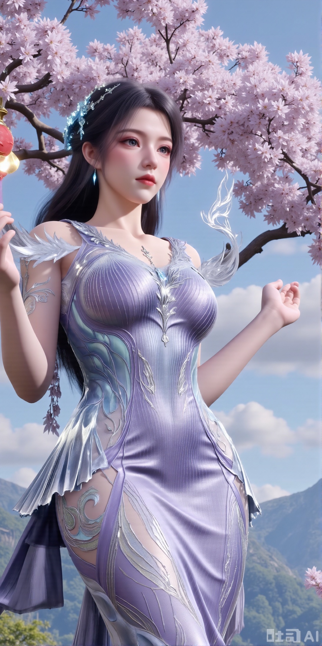 (masterpiece, best quality:1.2),1 girl, solo, long hair, black hair, hair accessories, clothing, cleavage cuts, long dress, jewelry, upper body, earrings. Background is outdoor, sky, clouds, water, trees, architecture, landscape, lantern, mountain, dragon, architecture, bridge, east Asian architecture, fog, pagoda, wisteria,(huge breasts:2.99),(full breasts:2.99),XyunxiaoYH3,,XbaifengsongyuYH,Xbigbreasts,Xxuenvxuedi,XyanqingfeiX,Xloubeidress,Xziteng