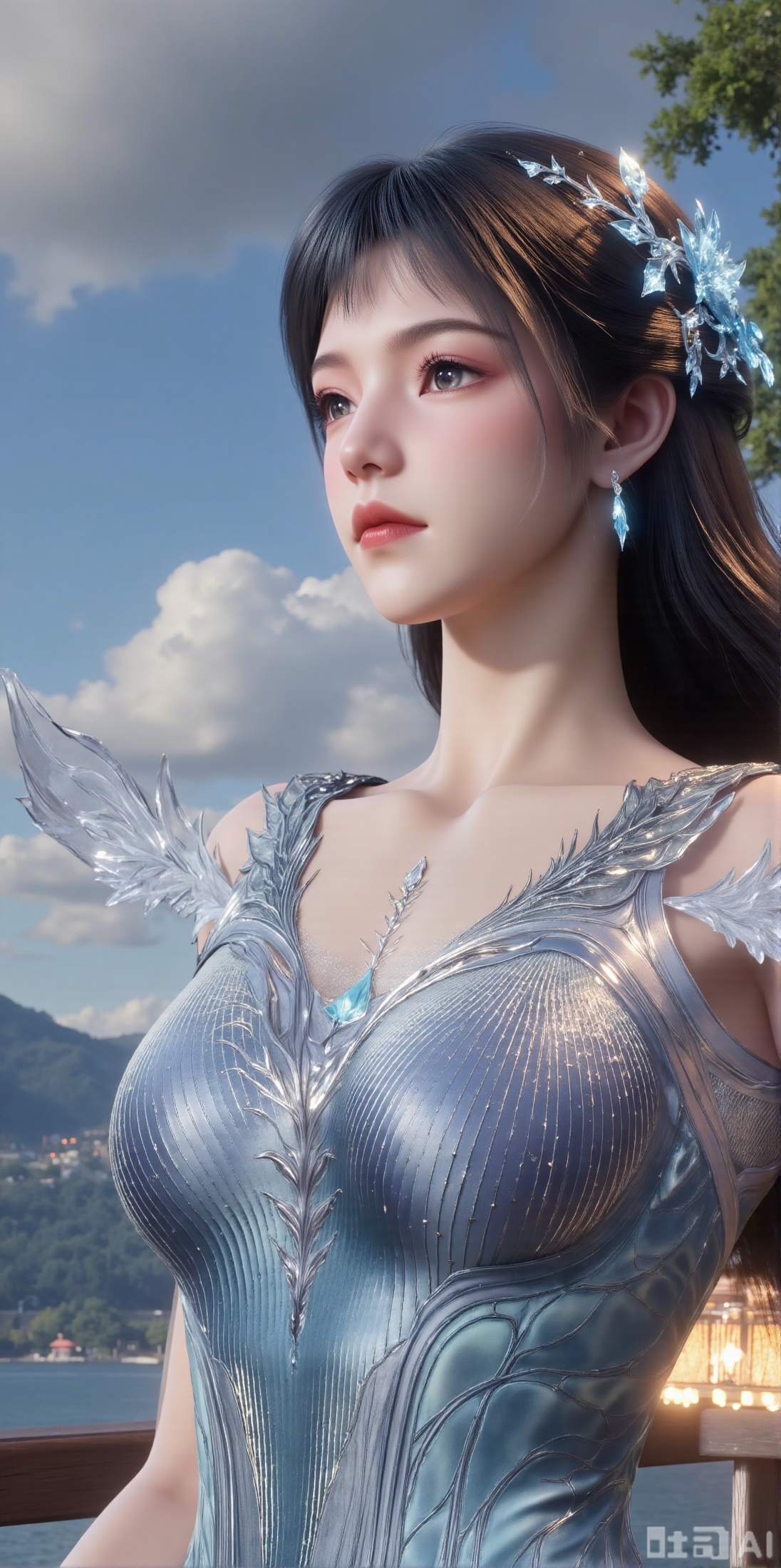 (masterpiece, best quality:1.2),1 girl, solo, long hair, black hair, hair accessories, clothing, cleavage cuts, long dress, jewelry, upper body, earrings. Background is outdoor, sky, clouds, water, trees, architecture, landscape, lantern, mountain, dragon, architecture, bridge, east Asian architecture, fog, pagoda,,(huge breasts:2.99),(full breasts:2.99),XyunxiaoYH3,,XbaifengsongyuYH,Xbigbreasts,Xxuenvxuedi,XyanqingfeiX,Xloubeidress