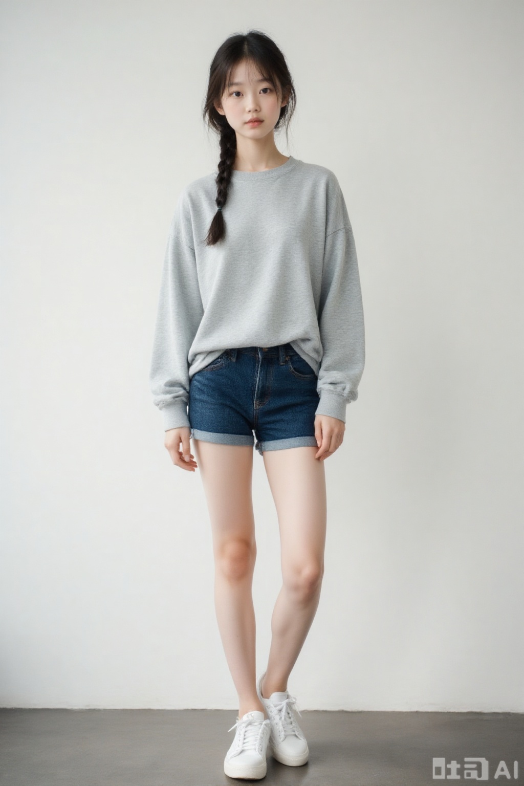 Indoor photography, young girl, tall, delicate facial features, smooth and fair skin, side braided hair with light gray loose sweatshirt and dark blue denim shorts, white sneakers, interpreting a casual and comfortable Japanese style, straight and slender legs, standing naturally relaxed, center of gravity slightly biased, expression confident and calm, looking directly at the camera, full body, white background, medium telephoto lens, medium aperture, soft background, three-point composition, single-sided soft light, delicate light and shadow, film film tone, skin texture, hair, and fabric exquisite details, ultra high resolution, realistic style, high-end sense, professional photography, the highest picture quality.
