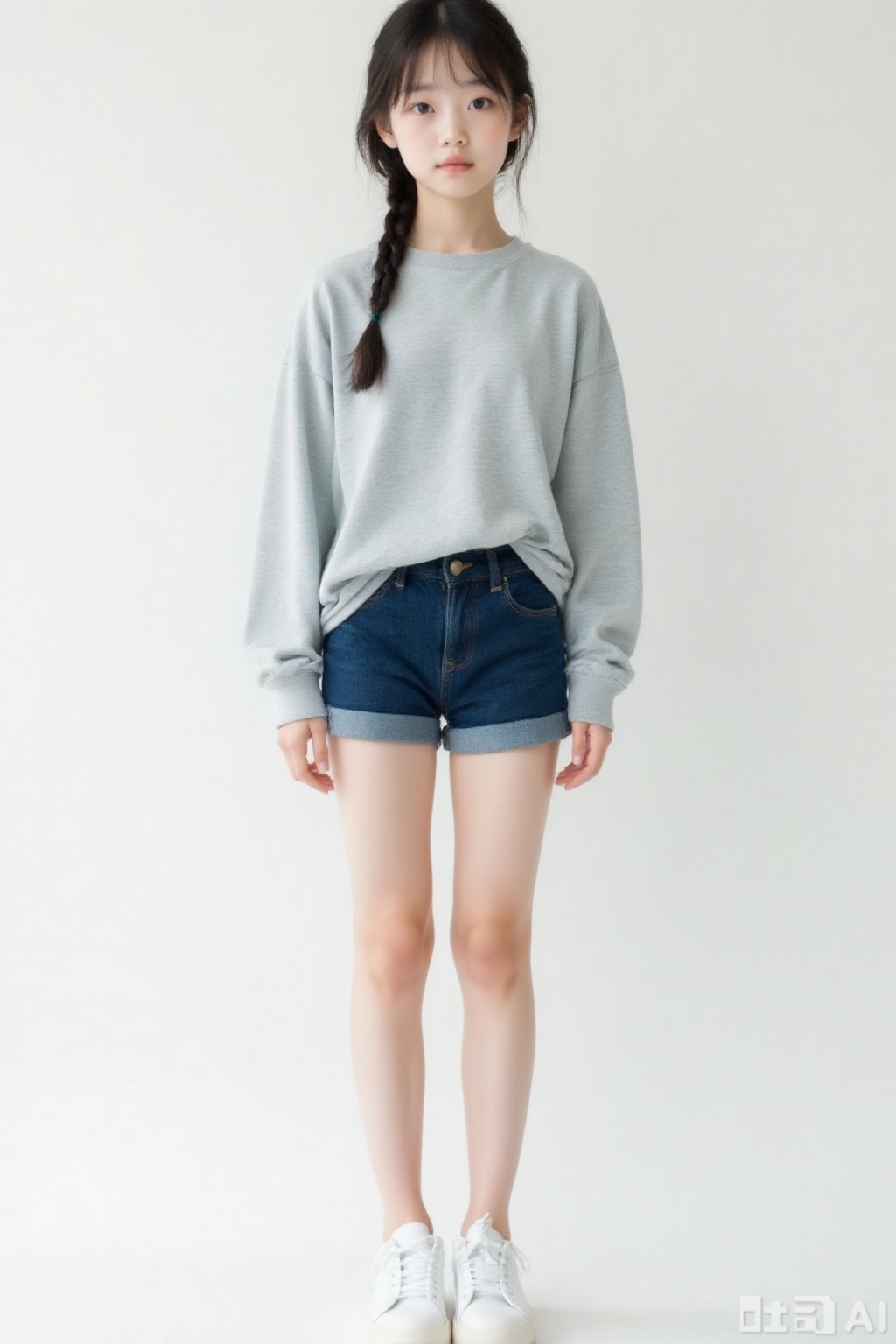 Indoor photography, young girl, tall, delicate facial features, smooth and fair skin, side braided hair with light gray loose sweatshirt and dark blue denim shorts, white sneakers, interpreting a casual and comfortable Japanese style, straight and slender legs, standing naturally relaxed, center of gravity slightly biased, expression confident and calm, looking directly at the camera, full body, white background, medium telephoto lens, medium aperture, soft background, three-point composition, single-sided soft light, delicate light and shadow, film film tone, skin texture, hair, and fabric exquisite details, ultra high resolution, realistic style, high-end sense, professional photography, the highest picture quality.