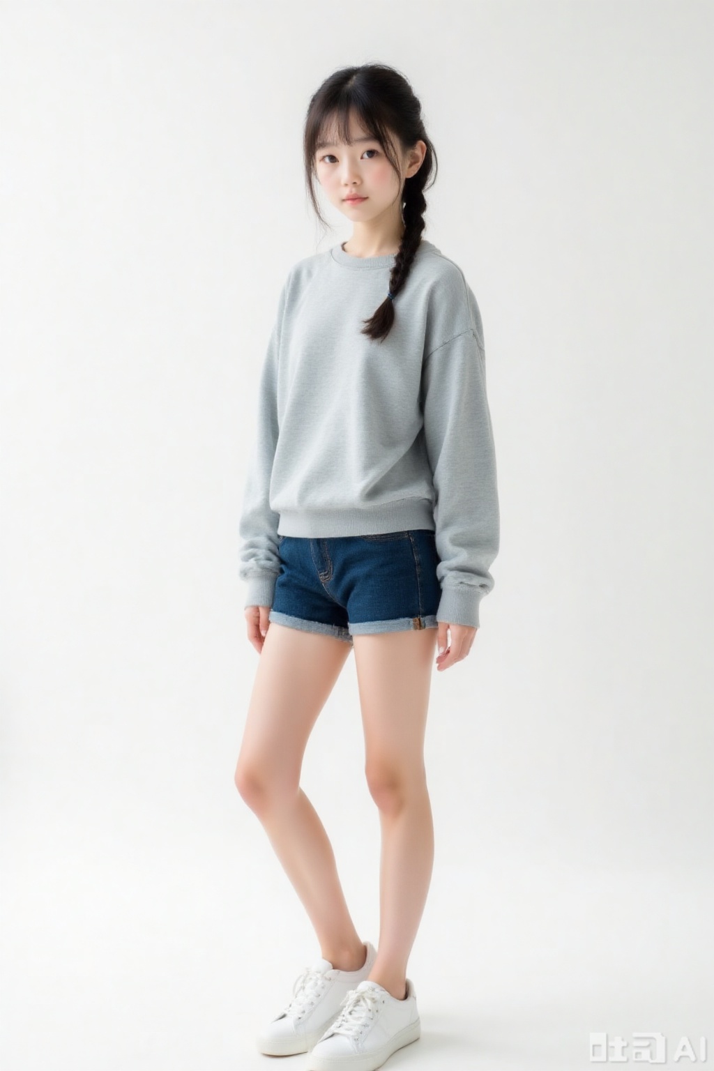 Indoor photography, young girl, tall, delicate facial features, smooth and fair skin, side braided hair with light gray loose sweatshirt and dark blue denim shorts, white sneakers, interpreting a casual and comfortable Japanese style, straight and slender legs, standing naturally relaxed, center of gravity slightly biased, expression confident and calm, looking directly at the camera, full body, white background, medium telephoto lens, medium aperture, soft background, three-point composition, single-sided soft light, delicate light and shadow, film film tone, skin texture, hair, and fabric exquisite details, ultra high resolution, realistic style, high-end sense, professional photography, the highest picture quality.