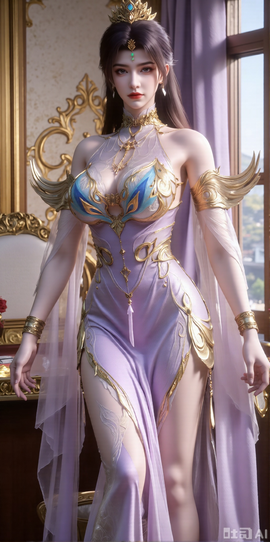 (masterpiece:1.2),Ultra clear, 8k, 1girl, solo, long hair, looking at viewer, bangs,long dress,, bare shoulders, jewelry, black hair, standing, purple eyes, full body, flower, thighs, indoors, hair bun, long dress, high heels, see-through, book, bare legs, window, table, footwear, standing on one leg, curtains,rose, flower, side slit, vase, ,(huge breasts:2.99),(full breasts:2.99),XyunxiaoYH3,,XbaifengsongyuYH,Xbigbreasts,Xxuenvxuedi,XyanqingfeiX,Xloubeidress