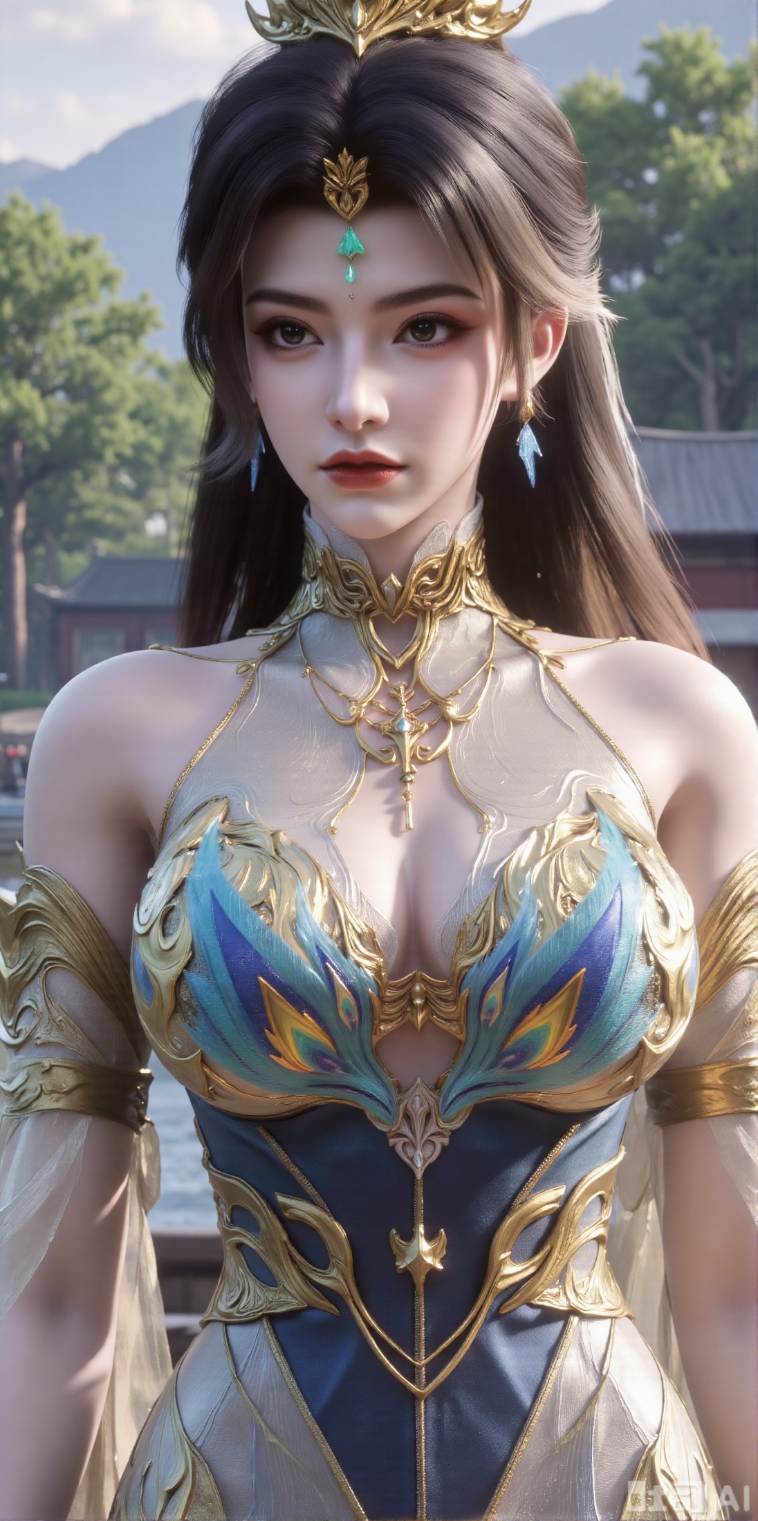 (masterpiece, best quality:1.2),1 girl, solo, long hair, black hair, hair accessories, clothing, cleavage cuts, long dress, jewelry, upper body, earrings. Background is outdoor, sky, clouds, water, trees, architecture, landscape, lantern, mountain, dragon, architecture, bridge, east Asian architecture, fog, pagoda, wisteria,(huge breasts:2.99),(full breasts:2.99),XyunxiaoYH3,,XbaifengsongyuYH,Xbigbreasts,Xxuenvxuedi,XyanqingfeiX,Xloubeidress,Xziteng