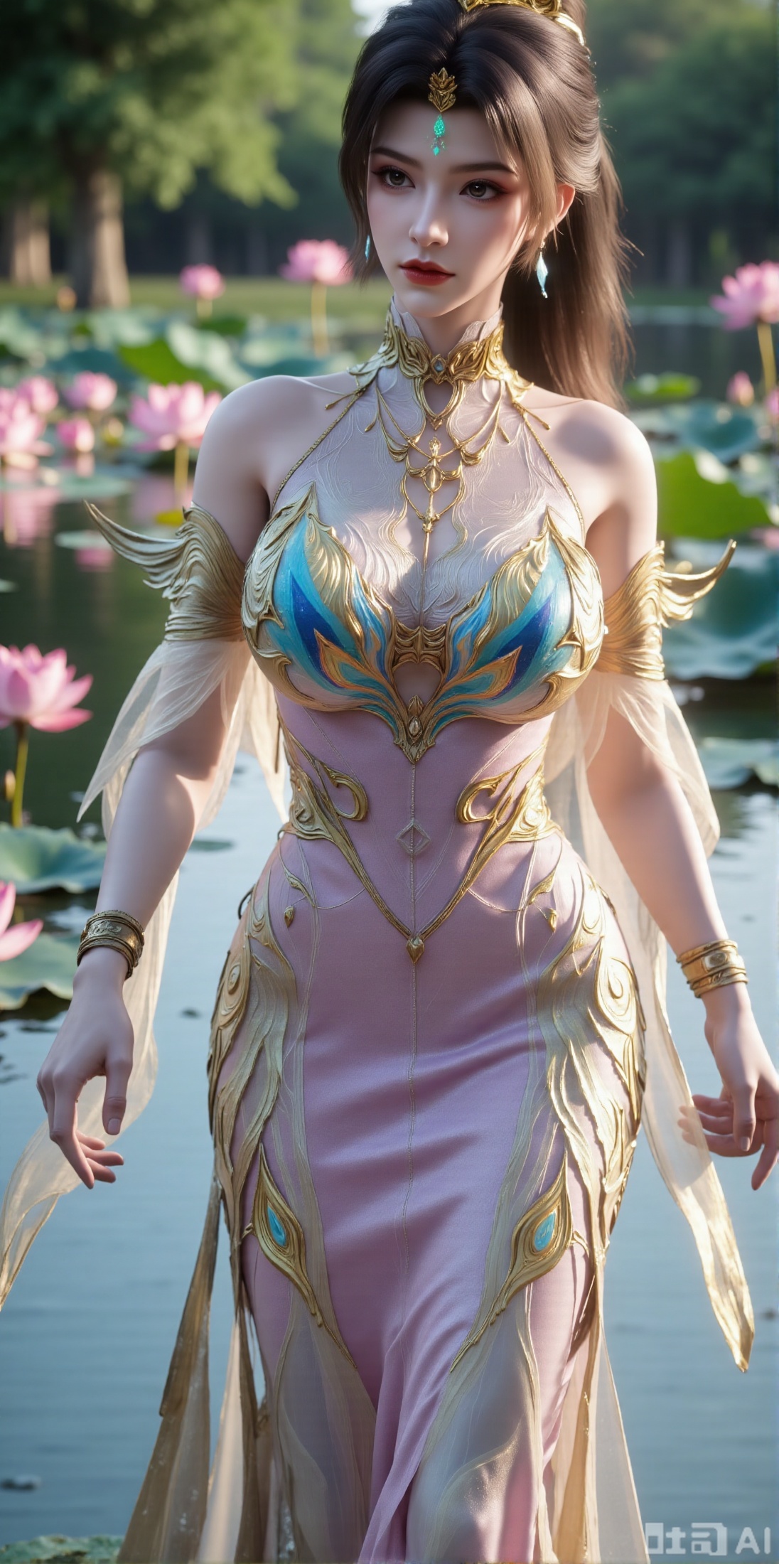 (masterpiece, best quality:1.2),1girl, navel, solo, midriff, bare shoulders, hair ornament,(long hair),(High double ponytail:1.49), red lips, BREAK, (looking at viewer:1.39), chinese clothes,(Holographic long dress:1.36), (lace,Rainbow Gradient Color:1.28), BREAK,blurry, solo focus, long hair, lips, daytime, lipstick, outdoors, standing,upper body,(huge breasts:2.89), background, solo, makeup,(Liquid glass style flowers:1.49),(huge breasts:2.99),(full breasts:2.99),,(Background with lotus pond and pink lotus flowers:1.39),,XyunxiaoYH3,,XbaifengsongyuYH,Xbigbreasts,Xxuenvxuedi,XyanqingfeiX,Xloubeidress