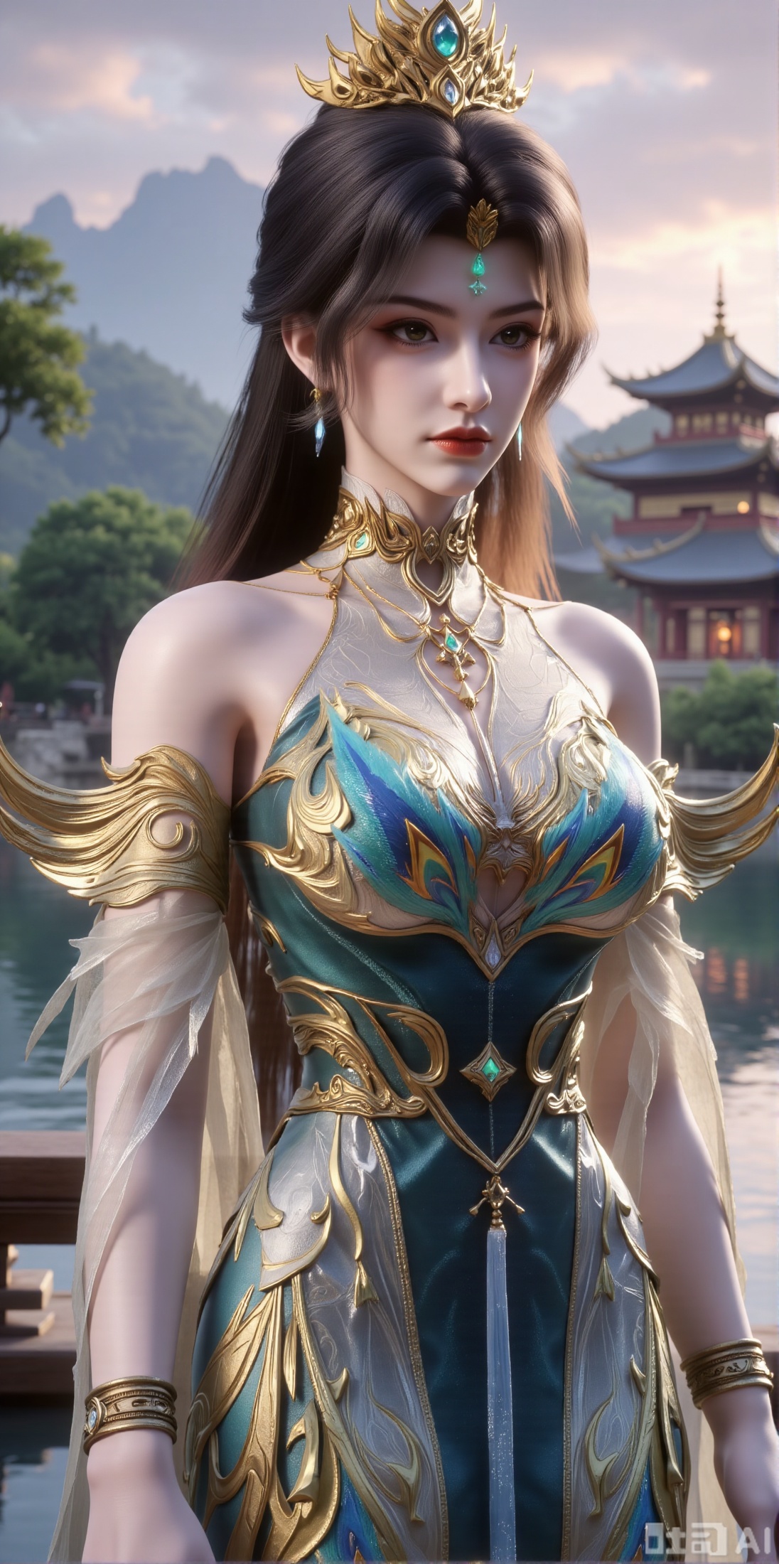 (masterpiece, best quality:1.2),1 girl, solo, long hair, black hair, hair accessories, clothing, cleavage cuts, long dress, jewelry, upper body, earrings. Background is outdoor, sky, clouds, water, trees, architecture, landscape, lantern, mountain, dragon, architecture, bridge, east Asian architecture, fog, pagoda,,(huge breasts:2.99),(full breasts:2.99),XyunxiaoYH3,,XbaifengsongyuYH,Xbigbreasts,Xxuenvxuedi,XyanqingfeiX,Xloubeidress