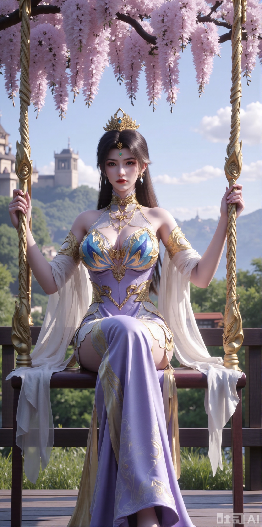 (masterpiece, top quality, best quality, official art, beautiful and aesthetic:1.2),Dynamic posture,(Sitting on the swing:1.39),natural skin texture,(Milky skin:1.2),1gir,solo,long Dress, (Long legs, perfect proportions:1.2),(Sakura, butterfly:1.29),(huge breasts:2.99),(full breasts:2.99),Wisteria, wisteria flowers, castle, waterfall, mountains in the distance,,XyunxiaoYH3,,XbaifengsongyuYH,Xbigbreasts,Xxuenvxuedi,XyanqingfeiX,Xloubeidress