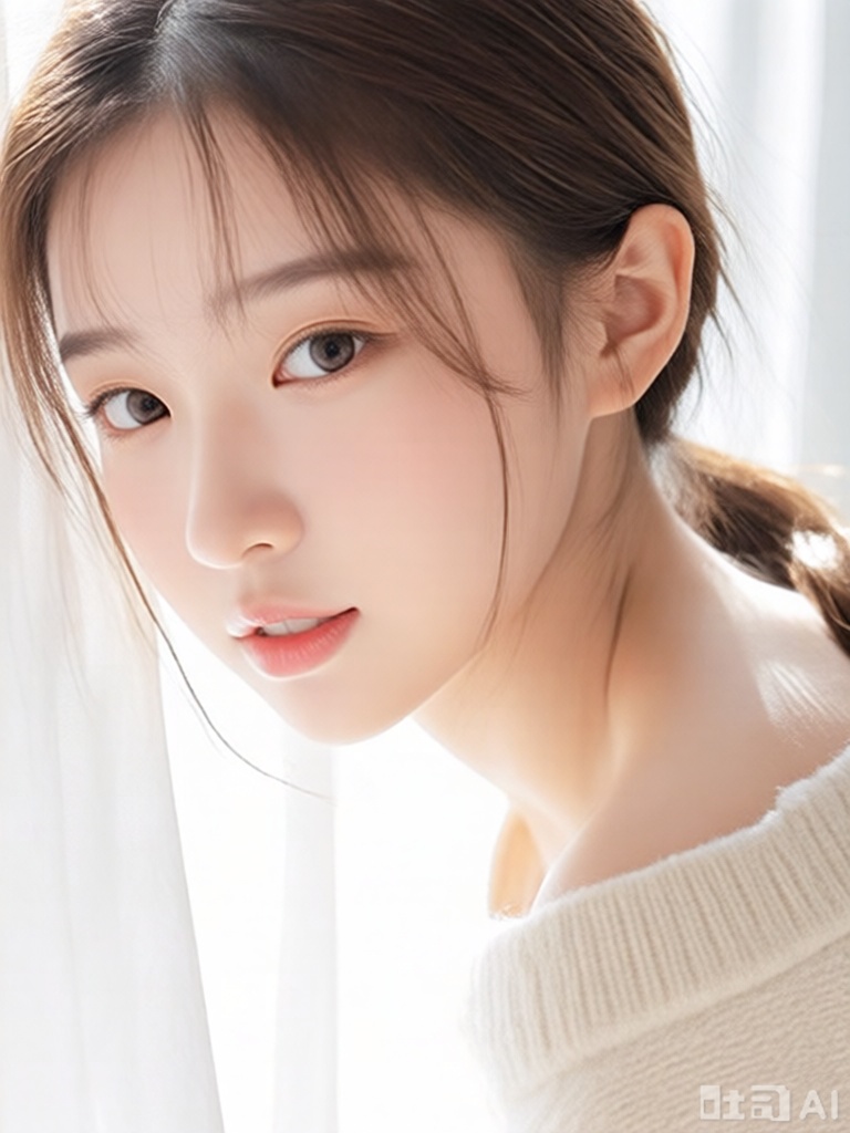 Young women,white skin delicate,gentle look at the camera. Medium-long brown hair loosely tied with ponytail,light makeup,white condole belt and beige sweater. Background natural light,white curtain half-covered,soft and private atmosphere.,