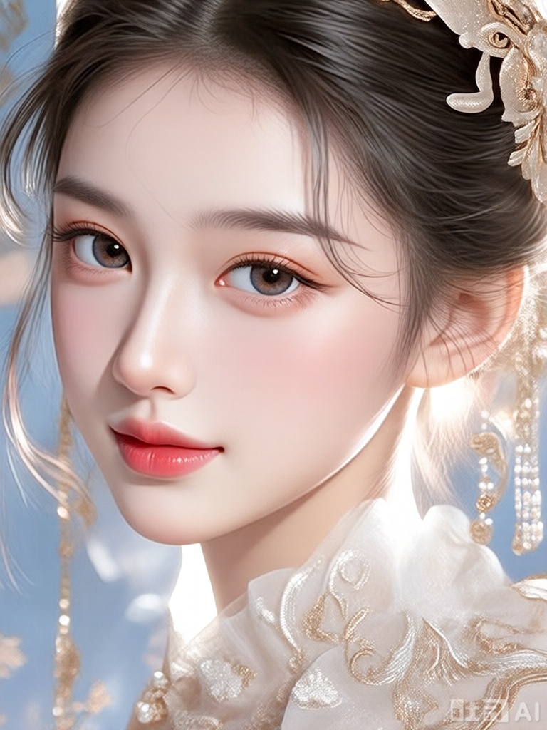 solo,1girl, 精致的,温柔优雅,浪漫性感风情,美人肖像,明媚浅笑,华丽装饰,锐利的眼睛,红润的脸颊,优雅的服装,复杂的刺绣,肌肤白皙,身形纤细苗条。瓜子脸,五官精致立体。大眼睛清澈明亮,睫毛纤长,眉形自然柔和,鼻梁挺直,唇色粉嫩,表情平静且温柔,姿态优雅。皮肤细腻光滑,妆容淡雅清新,突出自然美感。空灵的气氛,巧妙地捕捉情感,杰作,柔和,高分辨率,景深构图,层次32k高清蓝光。3d效果。油画风格.