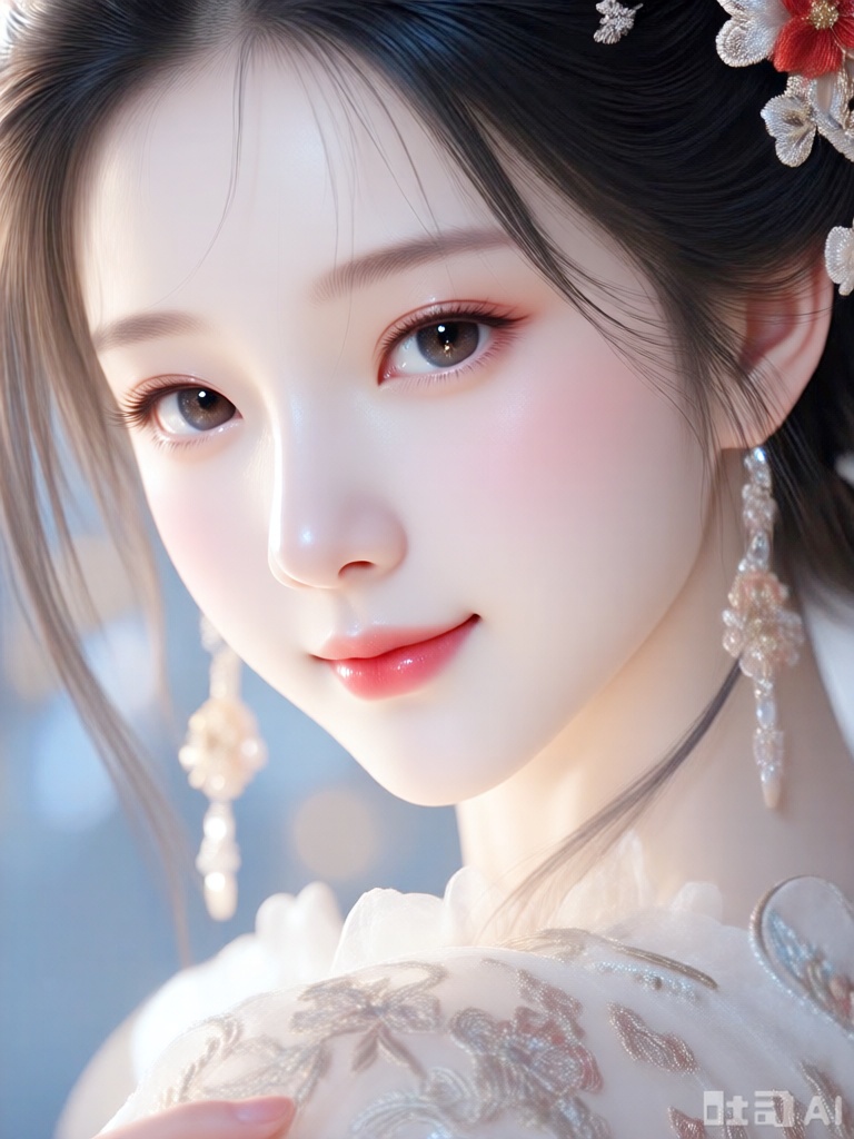 solo,1girl, 精致的,温柔优雅,浪漫性感风情,美人肖像,明媚浅笑,华丽装饰,锐利的眼睛,红润的脸颊,优雅的服装,复杂的刺绣,肌肤白皙,身形纤细苗条。瓜子脸,五官精致立体。大眼睛清澈明亮,睫毛纤长,眉形自然柔和,鼻梁挺直,唇色粉嫩,表情平静且温柔,姿态优雅。皮肤细腻光滑,妆容淡雅清新,突出自然美感。空灵的气氛,巧妙地捕捉情感,杰作,柔和,高分辨率,景深构图,层次32k高清蓝光。3d效果。油画风格.