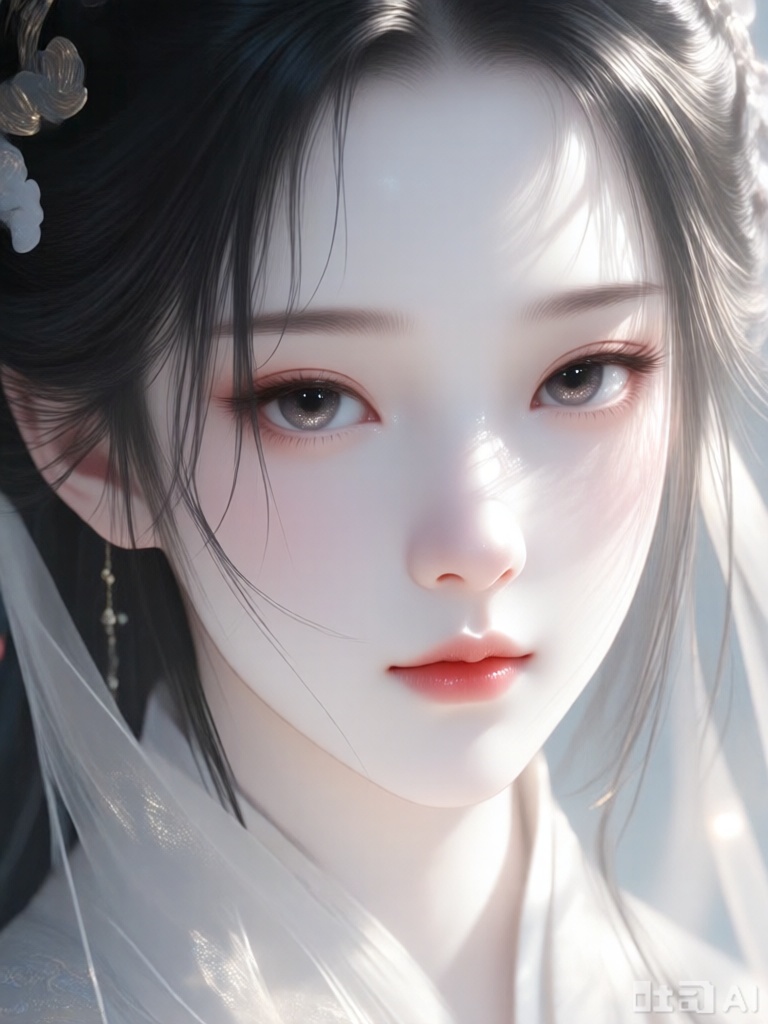 solo,1girl, 3D国风,插画风格,古风,少女肖像,皮肤白皙通透,眼神深邃沉静,盯着镜头,特写,电影感,极致细节,丰富光线,超细腻线条,古风形象,大师级构图,神秘诡异氛围,梦幻,人像摄影,光影动态,高分辨率,自然光线,柔和色调,超清细节