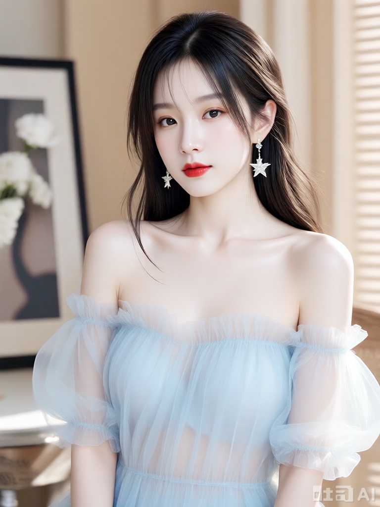 solo,1girl,Photograph of an Asian woman with fair skin and long, dark brown hair, styled in loose waves. She has a slender build with a small to medium bust size. She is wearing a light blue, off-the-shoulder, chiffon dress with puffed sleeves and a ruffled neckline. Her lips are painted a vibrant red, and she wears star-shaped, silver earrings. She is looking directly at the camera with a calm expression. The background includes a blurred photograph on a table, white flowers in a vase, and vertical blinds. The lighting is soft, creating a gentle, serene atmosphere. The overall style is elegant and delicate.