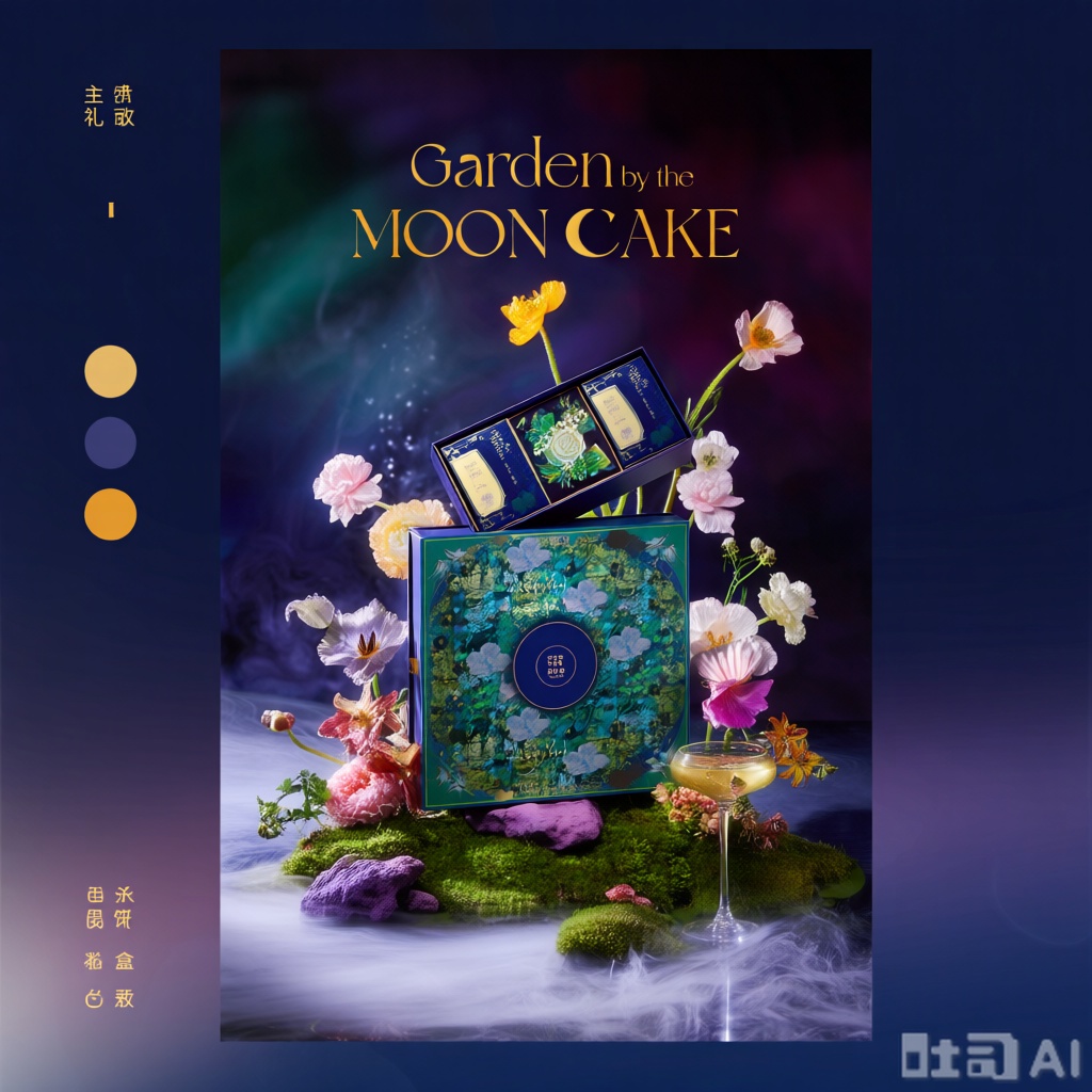  这是一张充满梦幻与艺术气息的广告图片,主要展示了一款名为“Garden by the Moon Cake”的月饼礼盒。以下是画面的具体描述： ### **主体：月饼礼盒** - **礼盒外观**： 礼盒设计精美,主色调为深蓝色和绿色,带有复杂的花卉图案和金色装饰,显得非常高贵典雅。 - 礼盒正面有一个圆形标志,上面印有品牌标识。 - 礼盒上方还有一个打开的盖子,露出内部的月饼和装饰物。 ### **背景与色彩** - **色彩主题**：整体色调以深蓝和紫色为主,营造出一种神秘、浪漫和梦幻的氛围。 - **背景效果**：背景中有一些柔和的光晕和渐变效果,增加了画面的层次感和空间感。 - **烟雾效果**：底部有一些白色的烟雾,仿佛置身于仙境之中,增强了画面的梦幻感。 ### **装饰元素** - **花朵**： 礼盒周围点缀着各种颜色鲜艳的花朵,包括粉色、白色、黄色等,花朵种类丰富,细节精致,增添了画面的生机和美感。 - 花朵分布在礼盒的四周,形成一个花环的效果,使礼盒成为视觉焦点。 - **岩石与苔藓**： 礼盒下方有一块绿色的苔藓地,上面放置了几块紫色和粉色的岩石,增加了画面的自然感和立体感。 - **酒杯**： 在礼盒前方有一个透明的高脚杯,里面装有黄色的液体（可能是香槟或果汁）,杯中还插有一朵小花,显得非常优雅和精致。 ### **文字信息** - **标题**： 图片上方有金色的文字“Garden by the MOON CAKE”,字体优雅且富有艺术感,突出了产品的名称和主题。 - “MOON CAKE”中的“O”被设计成月亮的形状,进一步强调了中秋的主题。 ### **整体构图** - **产品位置**：礼盒居于画面中央偏下的位置,成为视觉焦点,周围的装饰元素围绕其展开,形成和谐统一的布局。 - **细节处理**：画面中每一个细节都处理得非常精致,无论是礼盒上的花纹,还是花朵的纹理,都清晰可见,体现了高品质的摄影技术和后期制作水平。 --- ### **整体感受** 这张图片通过深蓝和紫色调、梦幻的背景效果和精美的装饰元素,成功地传达出一种高贵、浪漫和梦幻的感觉,非常适合用于宣传高端月饼礼盒。画面给人以愉悦和美好的视觉体验,仿佛置身于一个月亮花园之中,享受中秋佳节的美好时光。