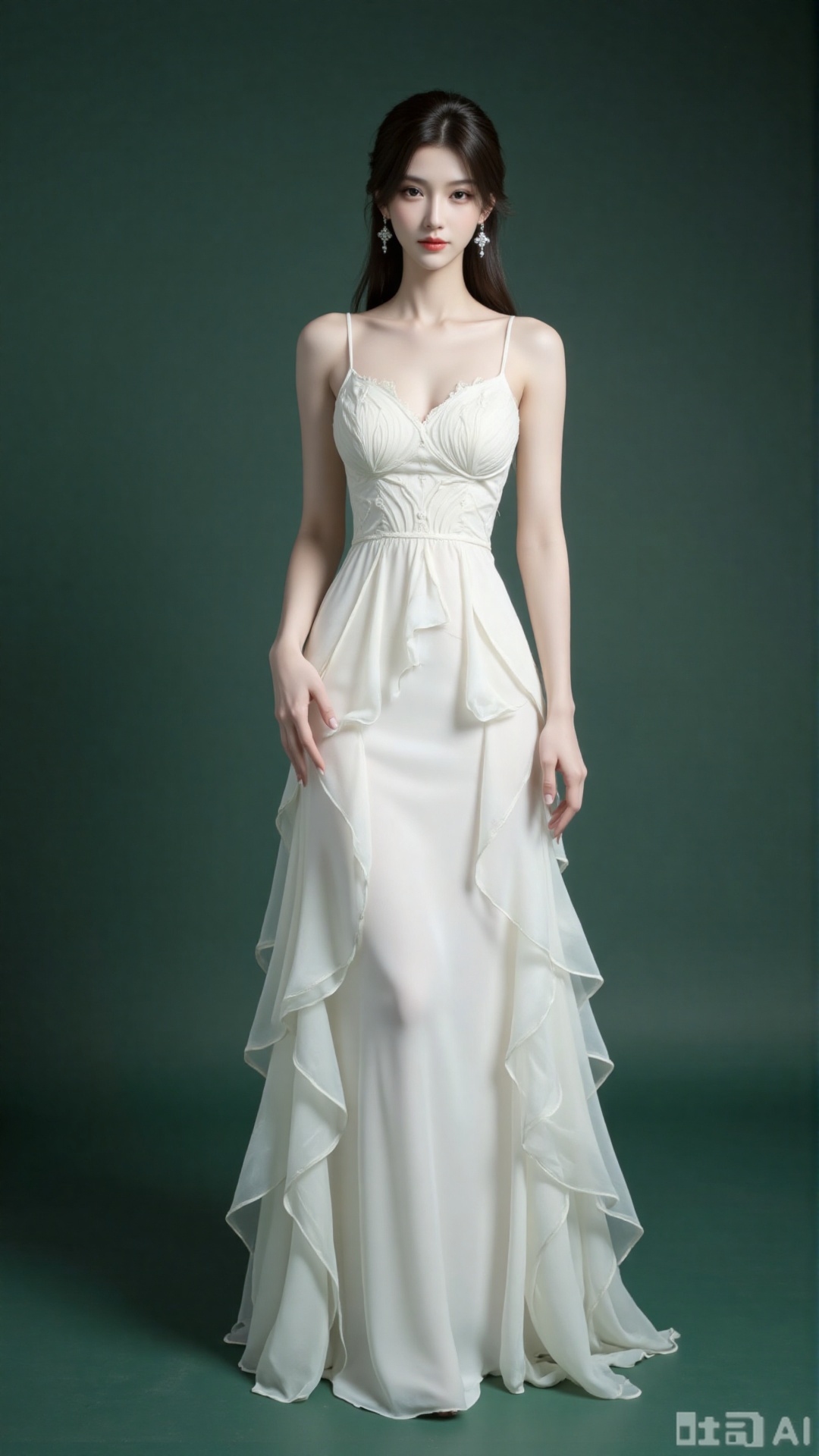 This photograph features a young Asian woman with fair skin, standing against a gradient green background that transitions from dark to light. She has a slender build, small breasts, and dark brown, slightly wavy hair styled in a loose updo with a few strands framing her face. She wears a sleeveless, white, floor-length gown with a fitted bodice and a flowing, ruffled skirt that cascades to the floor. The ruffles are delicate and semi-transparent, adding a textured, ethereal quality to the dress. She stands with a relaxed posture, her right hand gently touching her skirt, and her expression is serene and composed. The lighting is soft, highlighting the gentle folds of the fabric and the subtle details of her dress.