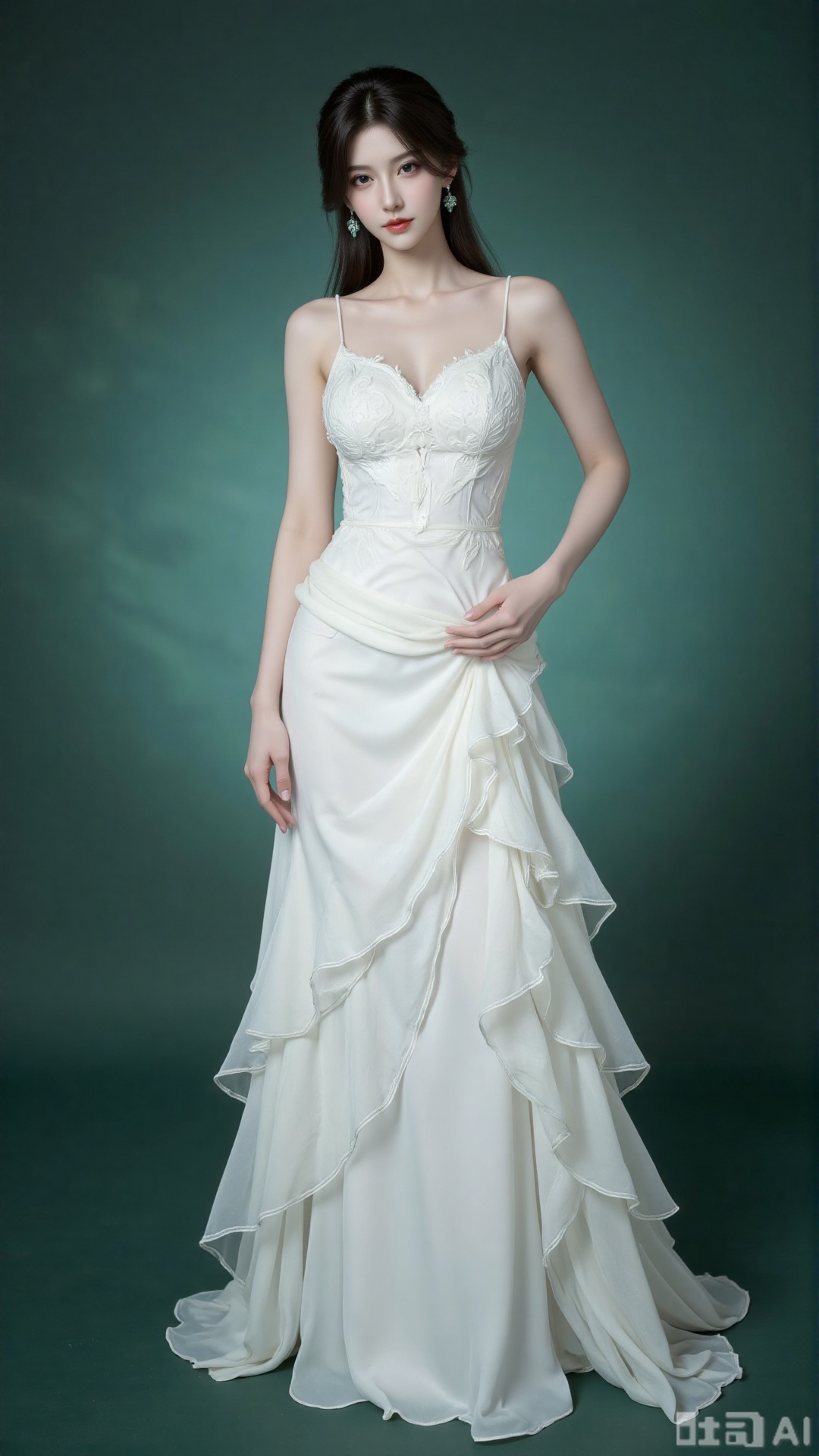 This photograph features a young Asian woman with fair skin, standing against a gradient green background that transitions from dark to light. She has a slender build, small breasts, and dark brown, slightly wavy hair styled in a loose updo with a few strands framing her face. She wears a sleeveless, white, floor-length gown with a fitted bodice and a flowing, ruffled skirt that cascades to the floor. The ruffles are delicate and semi-transparent, adding a textured, ethereal quality to the dress. She stands with a relaxed posture, her right hand gently touching her skirt, and her expression is serene and composed. The lighting is soft, highlighting the gentle folds of the fabric and the subtle details of her dress.