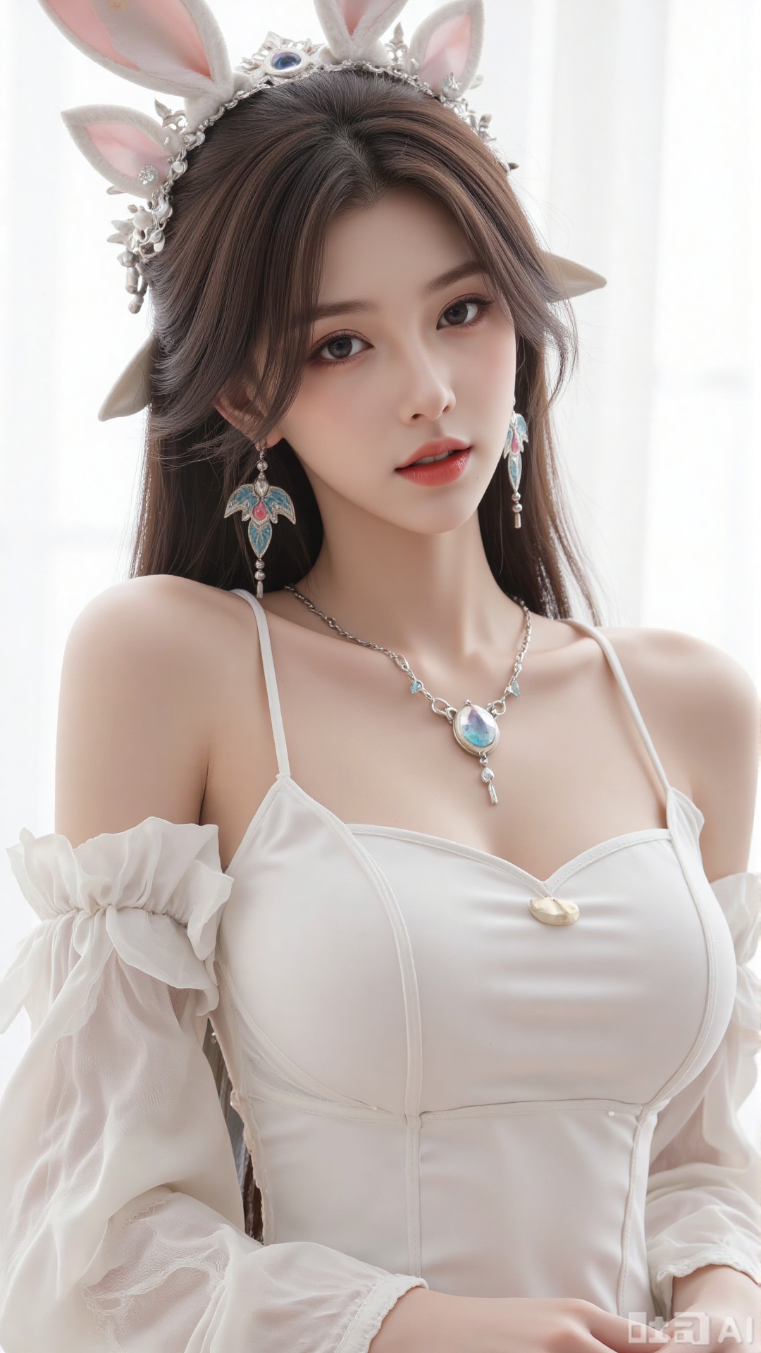 masterpiece,very aware,highres,absurdres,newest,best quality,high quality,chromatic_aberration,cinematic_angle,dutch angle, 1girl, solo, long hair, breasts, looking at viewer,  open mouth, bangs, simple background, hair ornament, white background, bow, bare shoulders, upper body, rabbit ears, leotard, strapless, detached collar, playboy bunny, white leotard