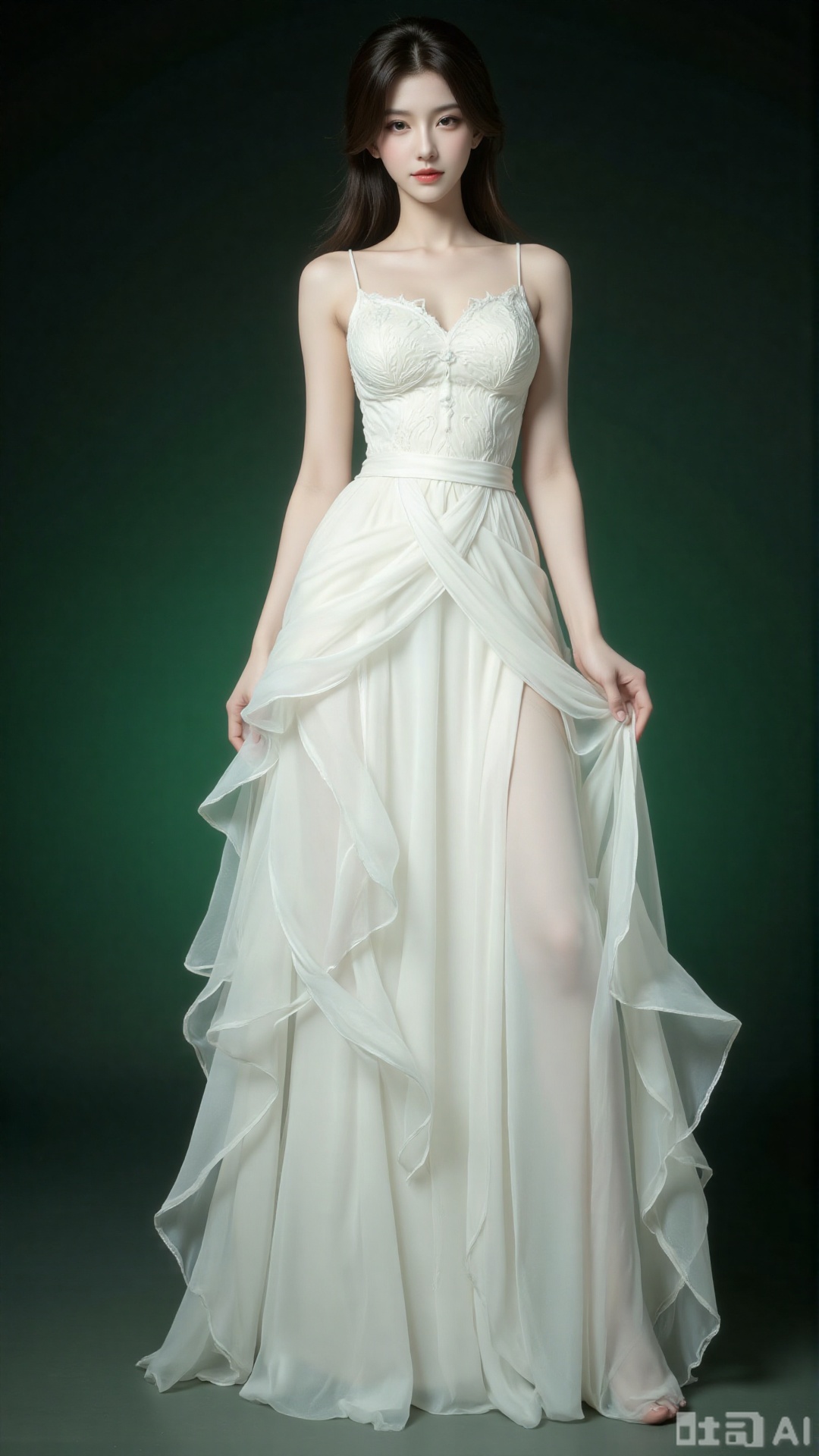 This photograph features a young Asian woman with fair skin, standing against a gradient green background that transitions from dark to light. She has a slender build, small breasts, and dark brown, slightly wavy hair styled in a loose updo with a few strands framing her face. She wears a sleeveless, white, floor-length gown with a fitted bodice and a flowing, ruffled skirt that cascades to the floor. The ruffles are delicate and semi-transparent, adding a textured, ethereal quality to the dress. She stands with a relaxed posture, her right hand gently touching her skirt, and her expression is serene and composed. The lighting is soft, highlighting the gentle folds of the fabric and the subtle details of her dress.
