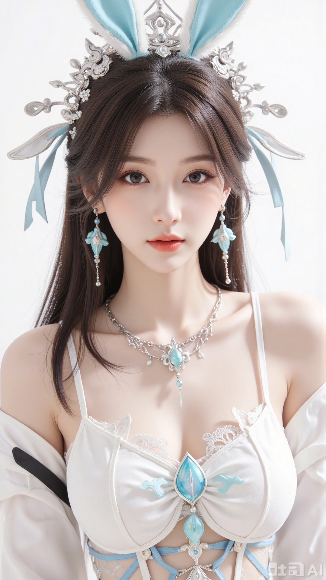 masterpiece,very aware,highres,absurdres,newest,best quality,high quality,chromatic_aberration,cinematic_angle,dutch angle, 1girl, solo, long hair, breasts, looking at viewer,  open mouth, bangs, simple background, hair ornament, white background, bow, bare shoulders, upper body, rabbit ears, leotard, strapless, detached collar, playboy bunny, white leotard