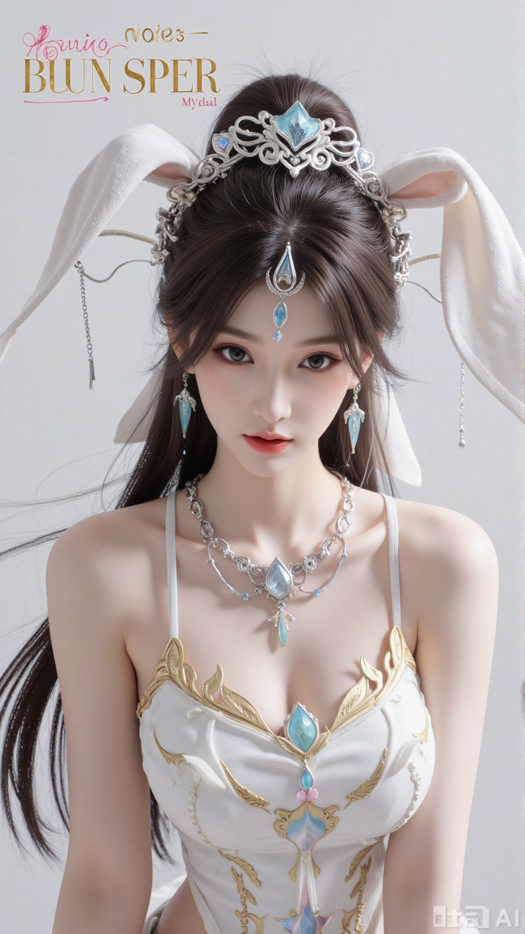 masterpiece,very aware,highres,absurdres,newest,best quality,high quality,chromatic_aberration,cinematic_angle,dutch angle, 1girl, solo, long hair, breasts, looking at viewer,  open mouth, bangs, simple background, hair ornament, white background, bow, bare shoulders, upper body, heart, rabbit ears, leotard, strapless, detached collar, playboy bunny, white leotard