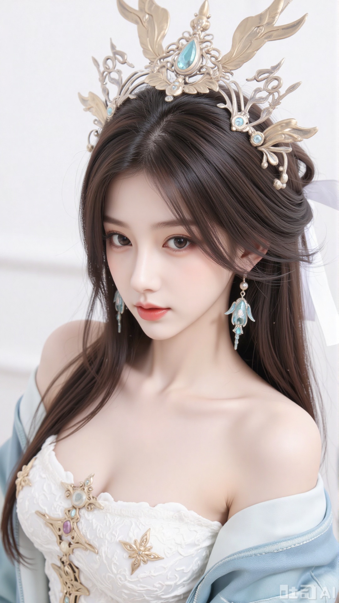 masterpiece,very aware,highres,absurdres,newest,best quality,high quality,chromatic_aberration,cinematic_angle,dutch angle, 1girl, solo, long hair, breasts, looking at viewer,  open mouth, bangs, simple background, hair ornament, white background, bow, bare shoulders, upper body, rabbit ears, leotard, strapless, detached collar, playboy bunny, white leotard