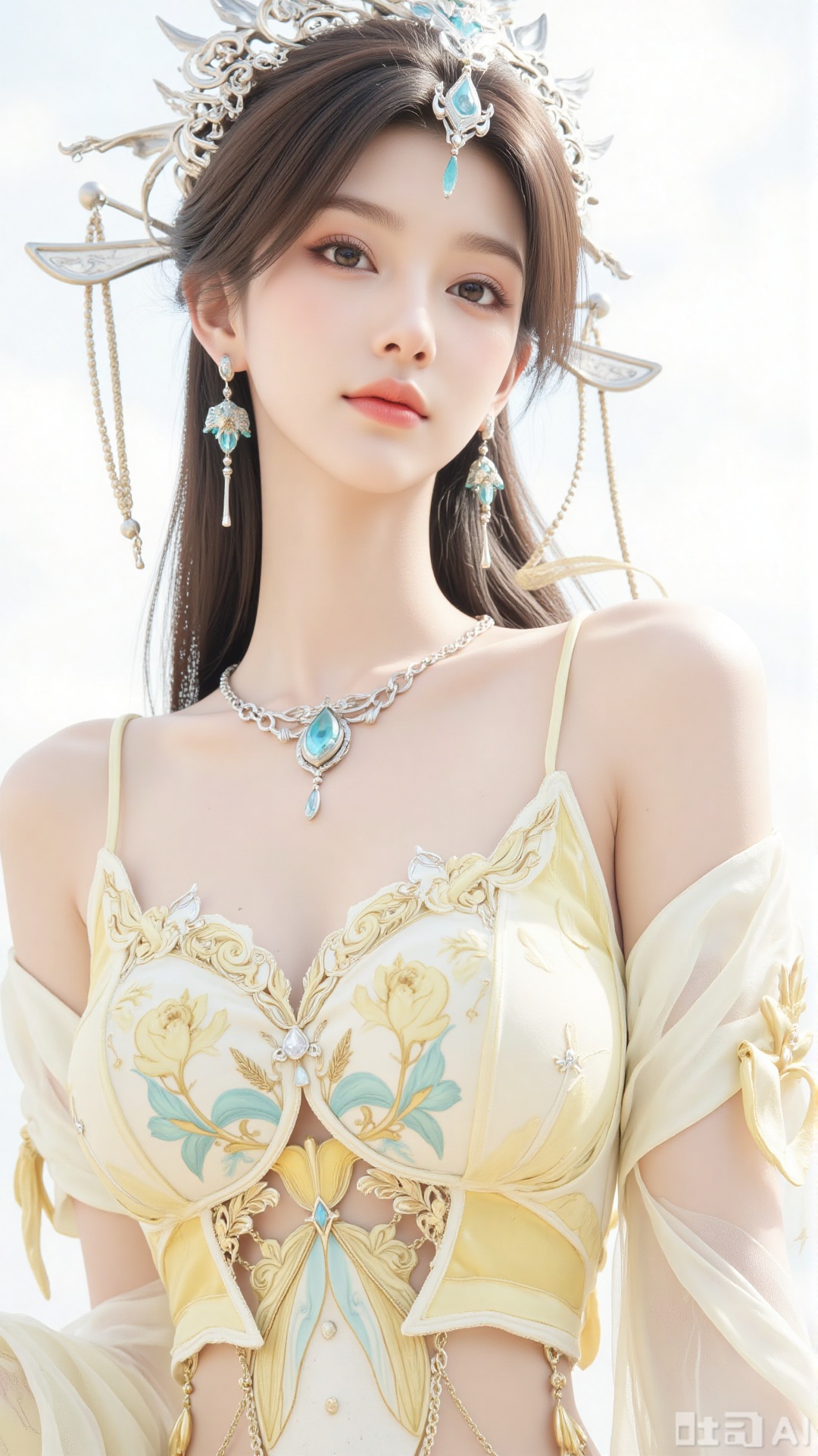 1girl, ((extremely detailed CG)), ((8k wallpaper)), solo, long hair, (looking at viewer:1.2), (sweet smile), (flat illustration), hair ornament, dress, jewelry, upper body, necklace, earrings,  lemon chiffon and cream print silk dress, white background, (flat color:1.2), flat light, (Medium Full Shot), from head to hip, Frontal View, eye level view, large bresats
