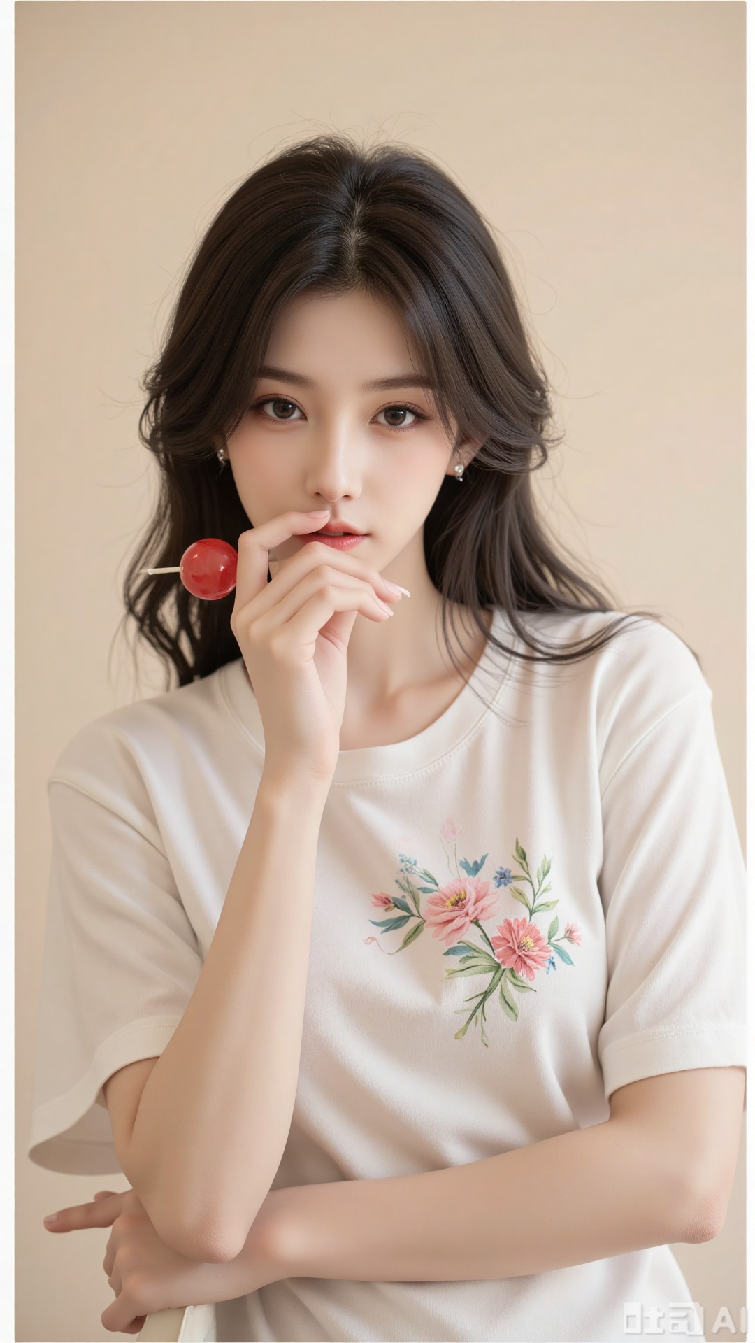 a photo-realistic portrait of a young woman with long,wavy black hair,wearing a white t-shirt with a floral design,she is positioned in the middle of the image,looking directly at the viewer with a neutral expression,her right hand is resting on her chin,and she is holding a red lollipop in her mouth,the background is a plain,beige-colored surface,and the image has a soft,ethereal quality to it,the woman appears to be in her early twenties,with a light skin tone and a subtle blush on her cheeks,her black hair is styled in loose waves,framing her face and adding to her natural beauty,she has a slim body and is wearing a simple white shirt with short sleeves,the image is framed with a white border,giving it a clean and minimalistic look,