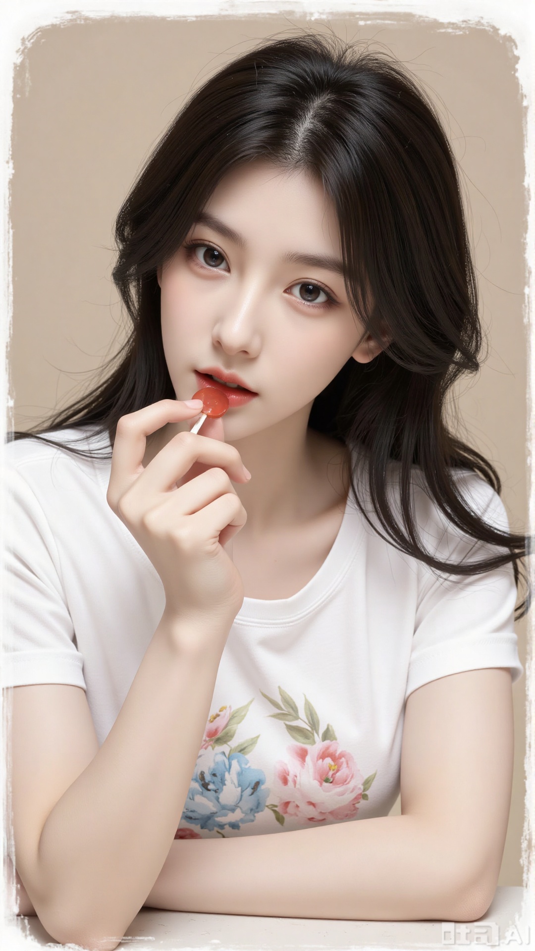 a photo-realistic portrait of a young woman with long,wavy black hair,wearing a white t-shirt with a floral design,she is positioned in the middle of the image,looking directly at the viewer with a neutral expression,her right hand is resting on her chin,and she is holding a red lollipop in her mouth,the background is a plain,beige-colored surface,and the image has a soft,ethereal quality to it,the woman appears to be in her early twenties,with a light skin tone and a subtle blush on her cheeks,her black hair is styled in loose waves,framing her face and adding to her natural beauty,she has a slim body and is wearing a simple white shirt with short sleeves,the image is framed with a white border,giving it a clean and minimalistic look,