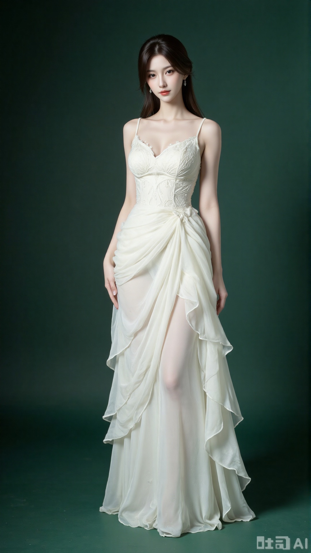 This photograph features a young Asian woman with fair skin, standing against a gradient green background that transitions from dark to light. She has a slender build, small breasts, and dark brown, slightly wavy hair styled in a loose updo with a few strands framing her face. She wears a sleeveless, white, floor-length gown with a fitted bodice and a flowing, ruffled skirt that cascades to the floor. The ruffles are delicate and semi-transparent, adding a textured, ethereal quality to the dress. She stands with a relaxed posture, her right hand gently touching her skirt, and her expression is serene and composed. The lighting is soft, highlighting the gentle folds of the fabric and the subtle details of her dress.