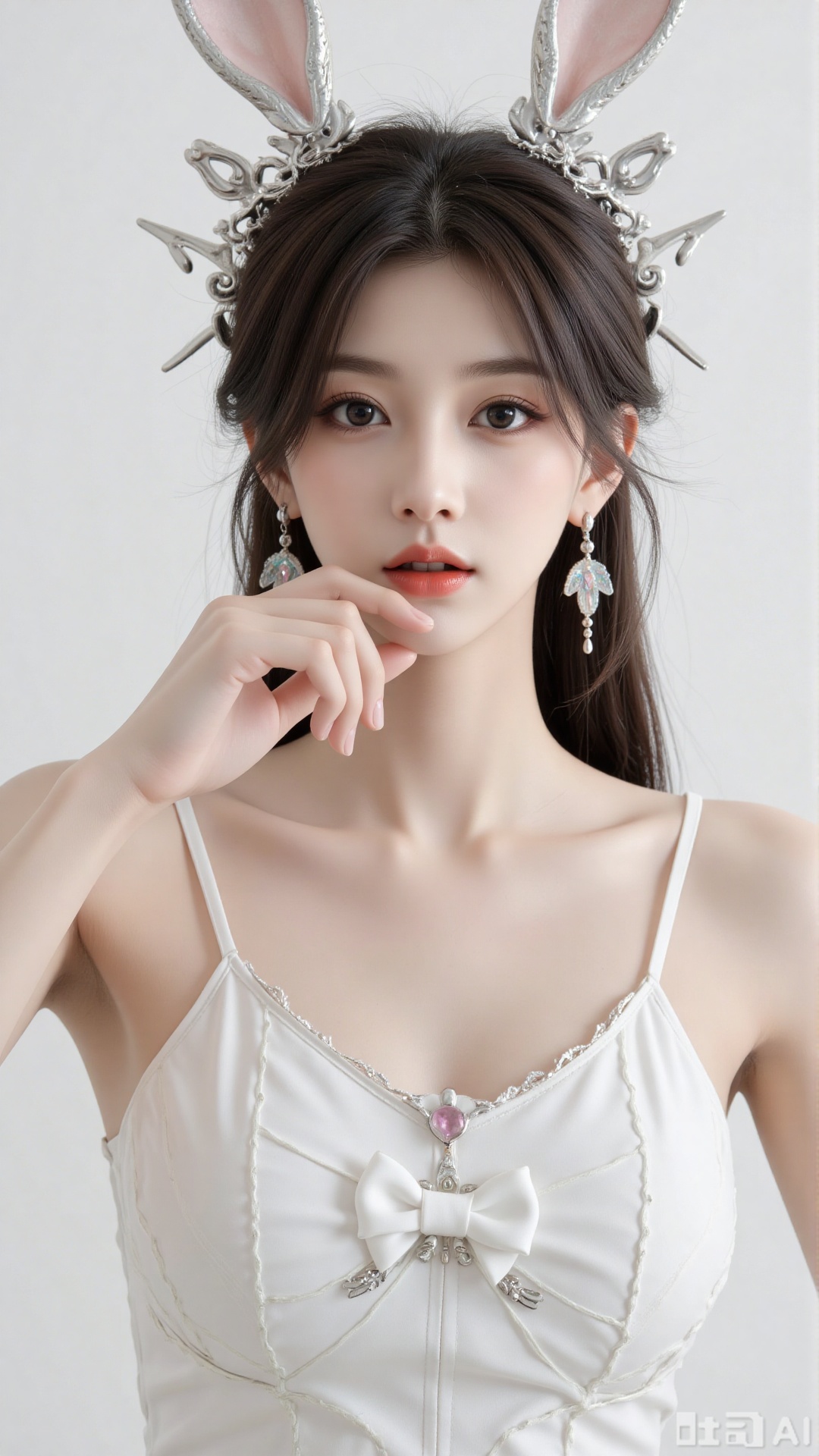 masterpiece,very aware,highres,absurdres,newest,best quality,high quality,chromatic_aberration,cinematic_angle,dutch angle, 1girl, solo, long hair, breasts, looking at viewer,  open mouth, bangs, simple background, hair ornament, white background, bow, bare shoulders, upper body, rabbit ears, leotard, strapless, detached collar, playboy bunny, white leotard