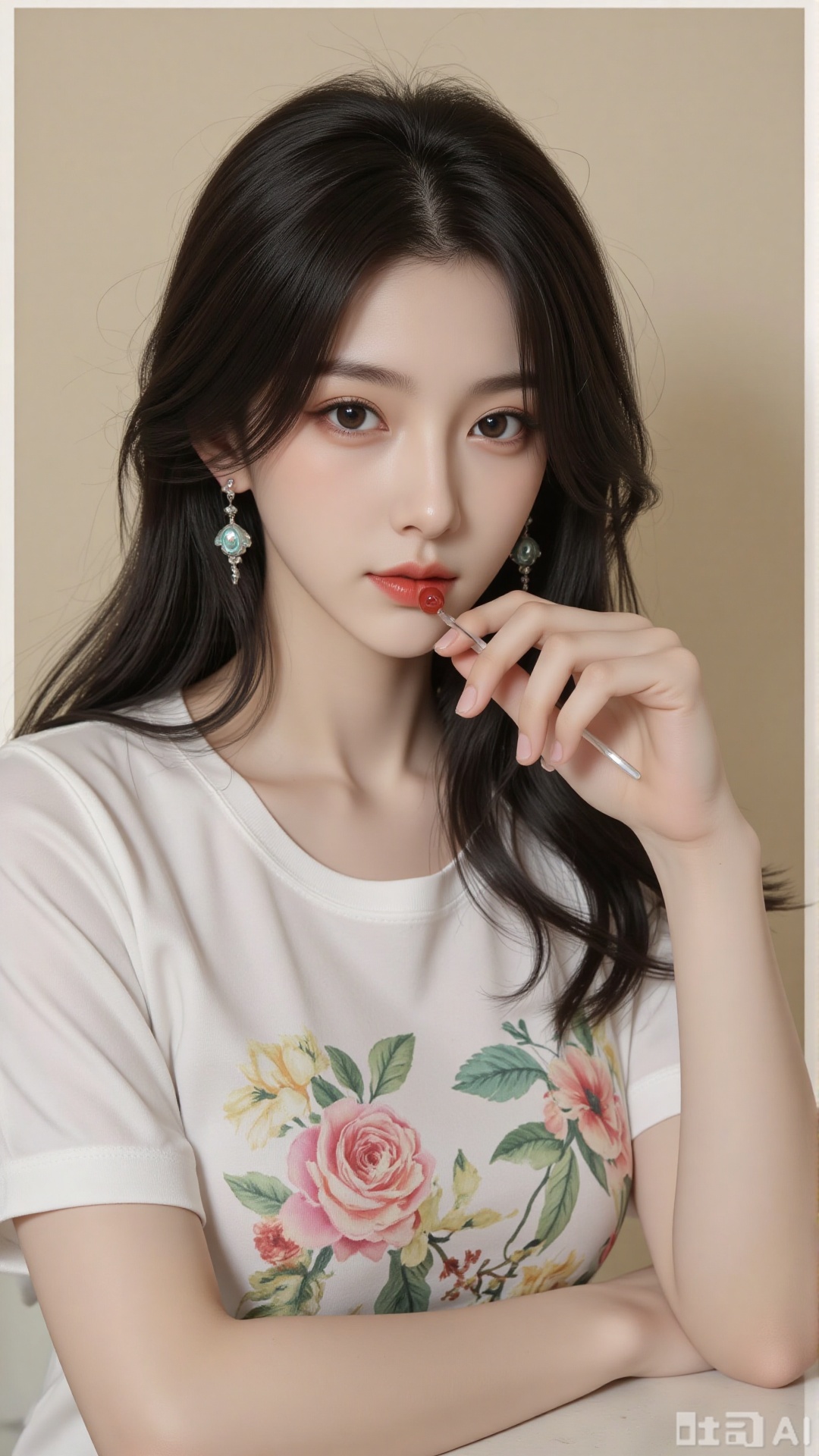 a photo-realistic portrait of a young woman with long,wavy black hair,wearing a white t-shirt with a floral design,she is positioned in the middle of the image,looking directly at the viewer with a neutral expression,her right hand is resting on her chin,and she is holding a red lollipop in her mouth,the background is a plain,beige-colored surface,and the image has a soft,ethereal quality to it,the woman appears to be in her early twenties,with a light skin tone and a subtle blush on her cheeks,her black hair is styled in loose waves,framing her face and adding to her natural beauty,she has a slim body and is wearing a simple white shirt with short sleeves,the image is framed with a white border,giving it a clean and minimalistic look,