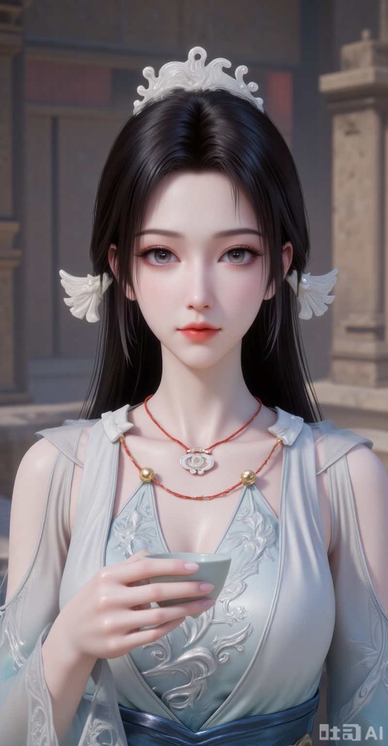 1girl, solo, long hair, black hair, hair ornament, dress, holding, jewelry, upper body, necklace, white dress, cup, holding cup, realistic, sakazuki,
songyu,guanghuapifu,pifu,lvjing