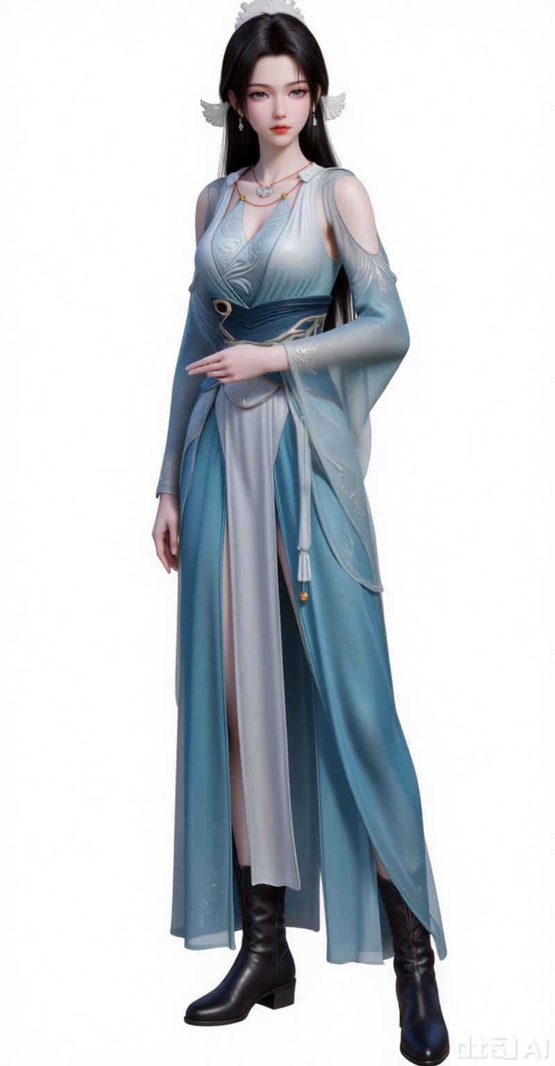 1girl, solo, long hair, looking at viewer, brown hair, black hair, hair ornament, dress, jewelry, earrings, necklace, sash, blue dress, tassel,full body,shoes,boots,black boots,
white_background,
songyu,guanghuapifu,pifu,lvjing